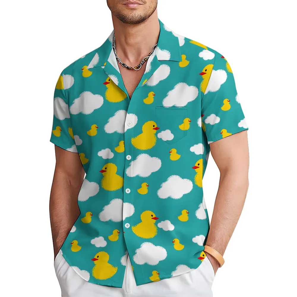 Little Yellow Duck White Cloud Print Casual Short Sleeve Shirt 2403000185