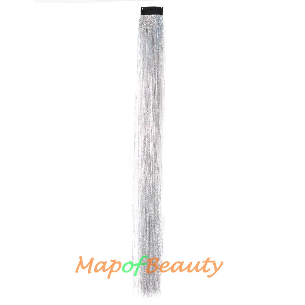 Long Straight Colored Hair Tinsel Kit Sparkling Multi-colors Hair Extention Glitter Clip in Hairpiece