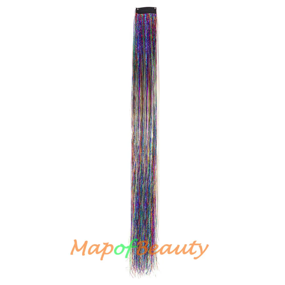 Long Straight Colored Hair Tinsel Kit Sparkling Multi-colors Hair Extention Glitter Clip in Hairpiece