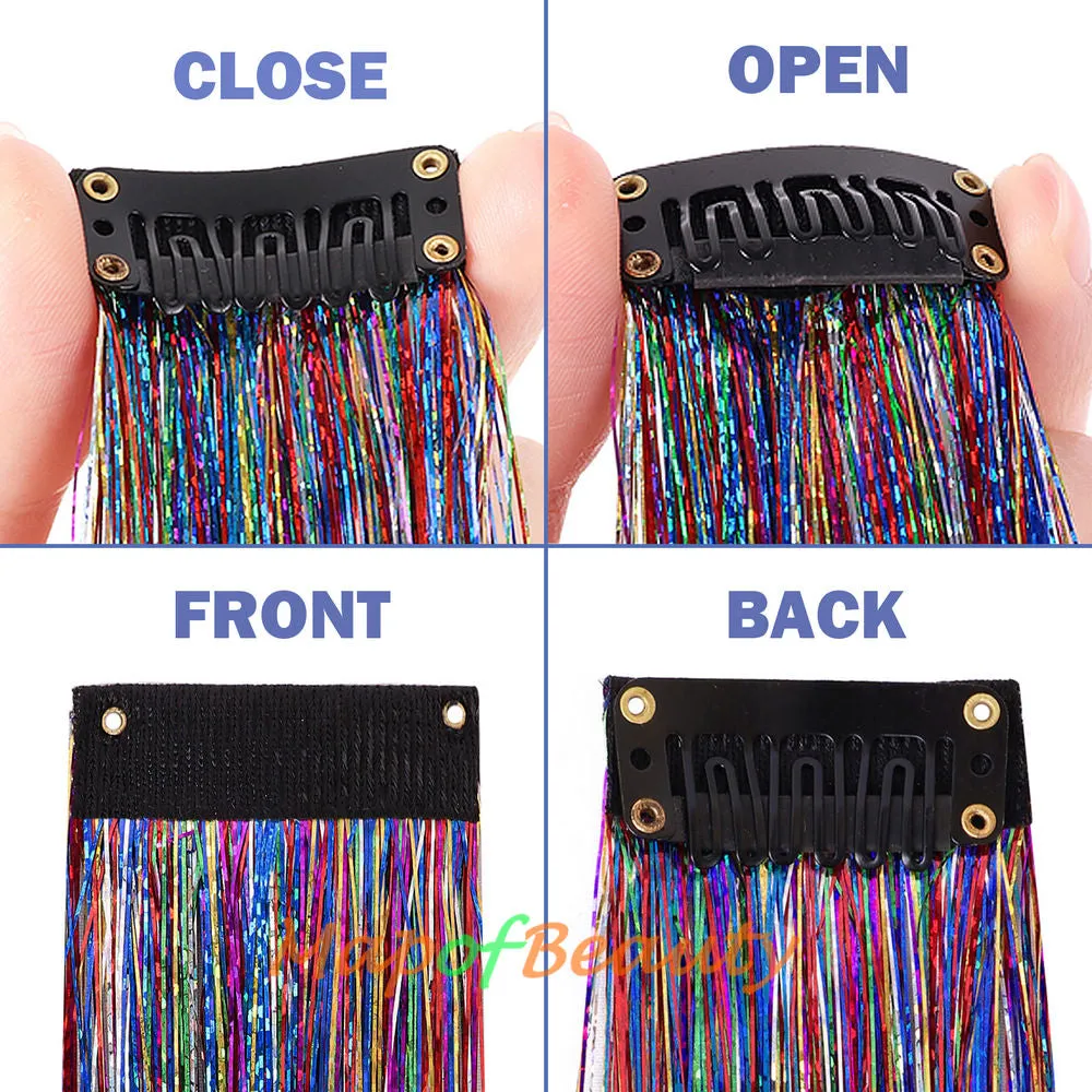 Long Straight Colored Hair Tinsel Kit Sparkling Multi-colors Hair Extention Glitter Clip in Hairpiece