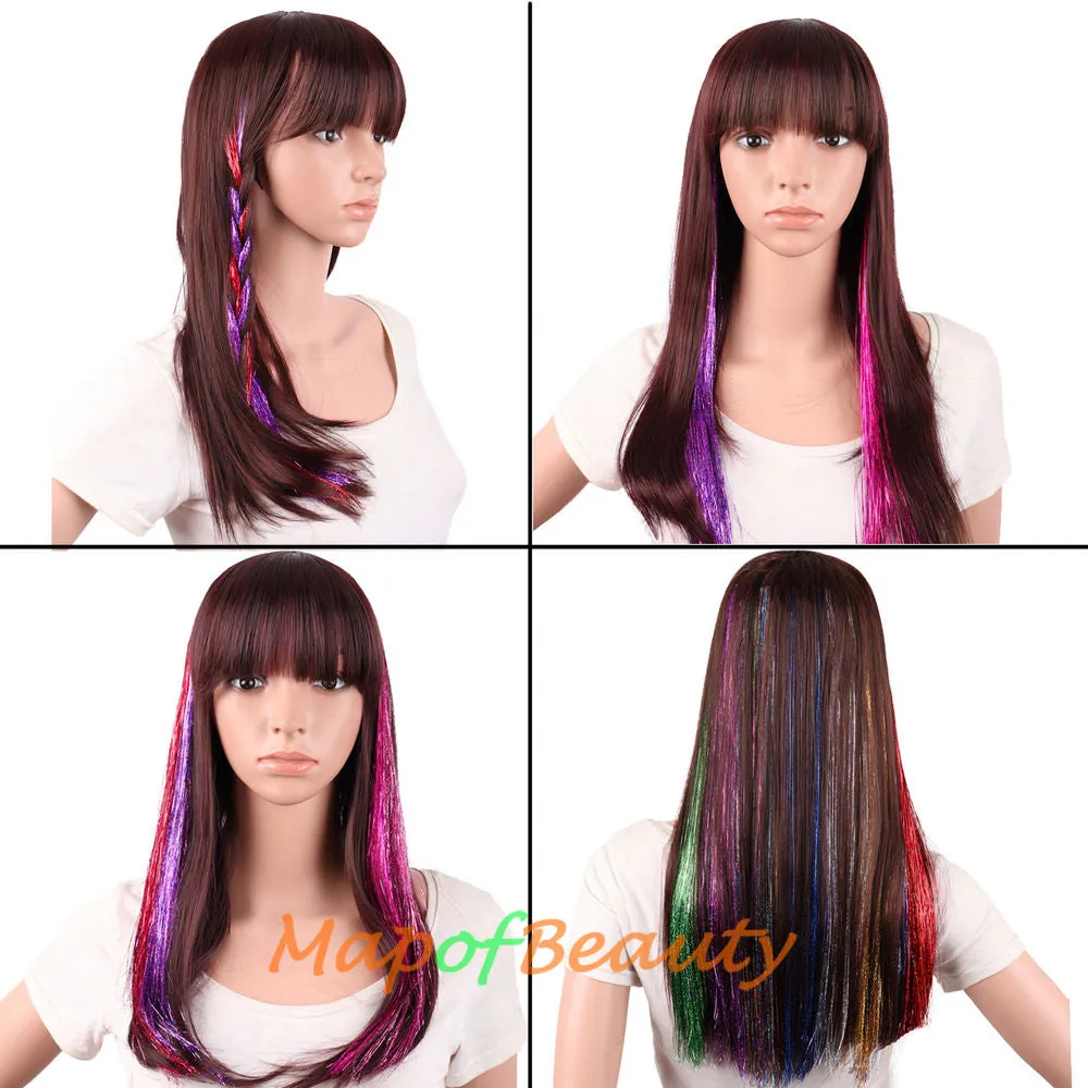 Long Straight Colored Hair Tinsel Kit Sparkling Multi-colors Hair Extention Glitter Clip in Hairpiece