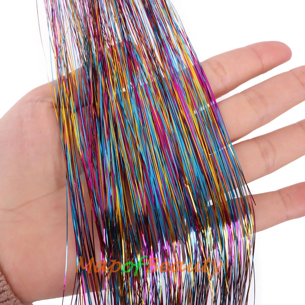 Long Straight Colored Hair Tinsel Kit Sparkling Multi-colors Hair Extention Glitter Clip in Hairpiece