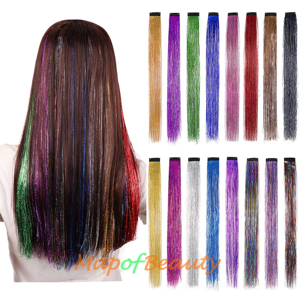 Long Straight Colored Hair Tinsel Kit Sparkling Multi-colors Hair Extention Glitter Clip in Hairpiece