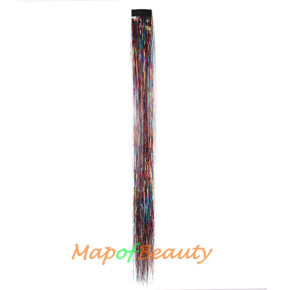 Long Straight Colored Hair Tinsel Kit Sparkling Multi-colors Hair Extention Glitter Clip in Hairpiece