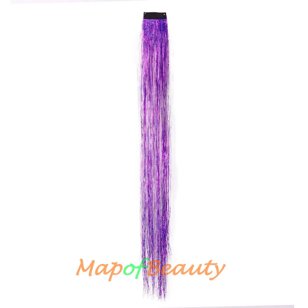 Long Straight Colored Hair Tinsel Kit Sparkling Multi-colors Hair Extention Glitter Clip in Hairpiece