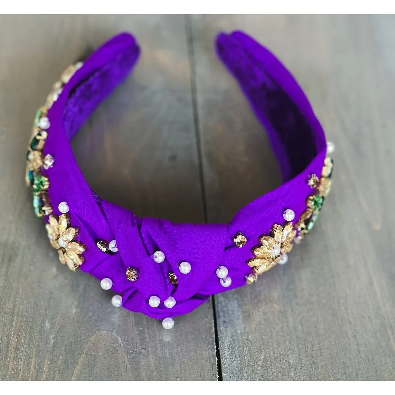 Mardi Gras Jeweled Hand-Sewn Top Knot Headband – Shine Like Royalty! 💜💚💛.