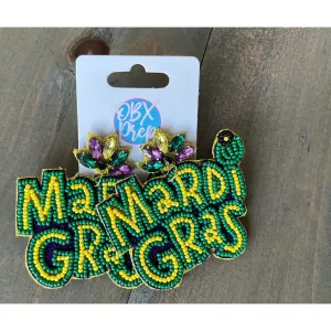 Mardi Gras Seed Beaded Dangle Earrings.