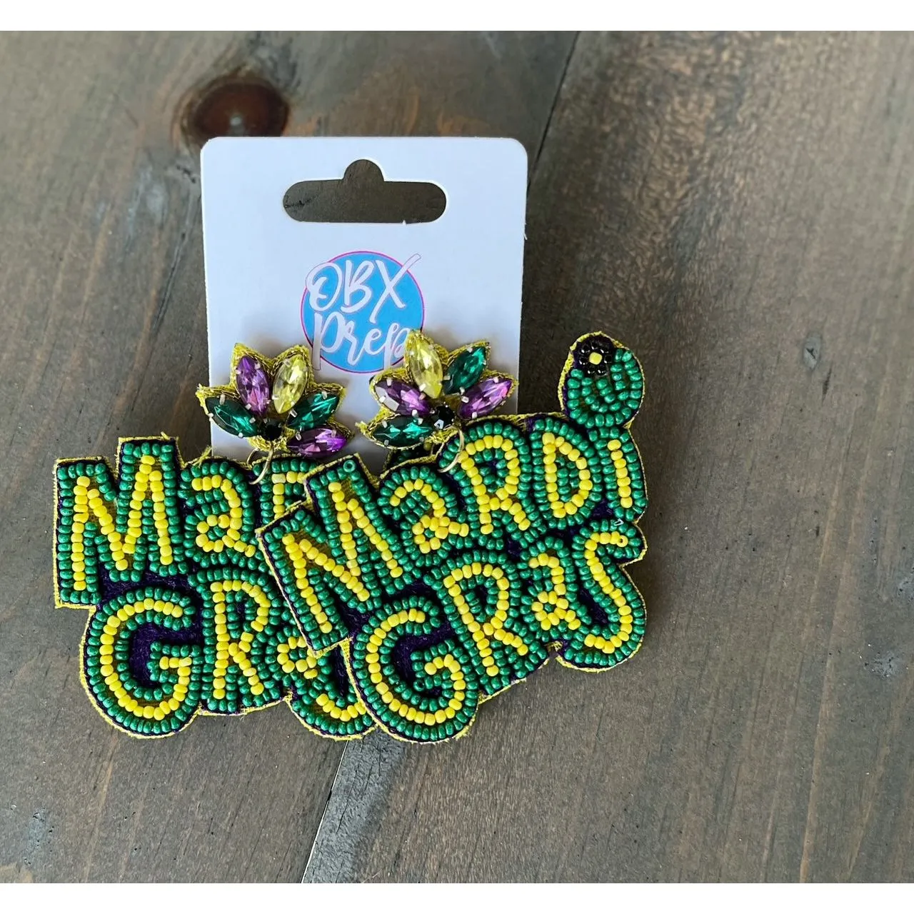 Mardi Gras Seed Beaded Dangle Earrings.