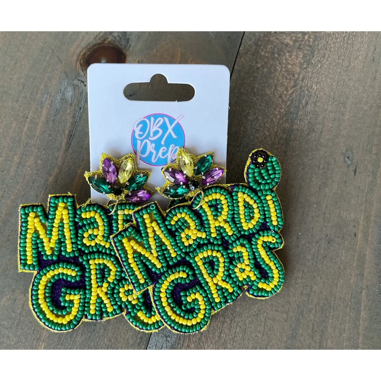 Mardi Gras Seed Beaded Dangle Earrings.