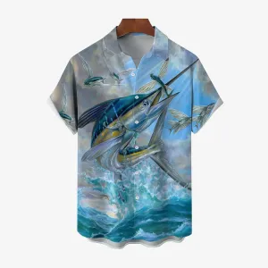 Men's Hawaiian Ocean Fish Print Short Sleeve Shirt 2401000136