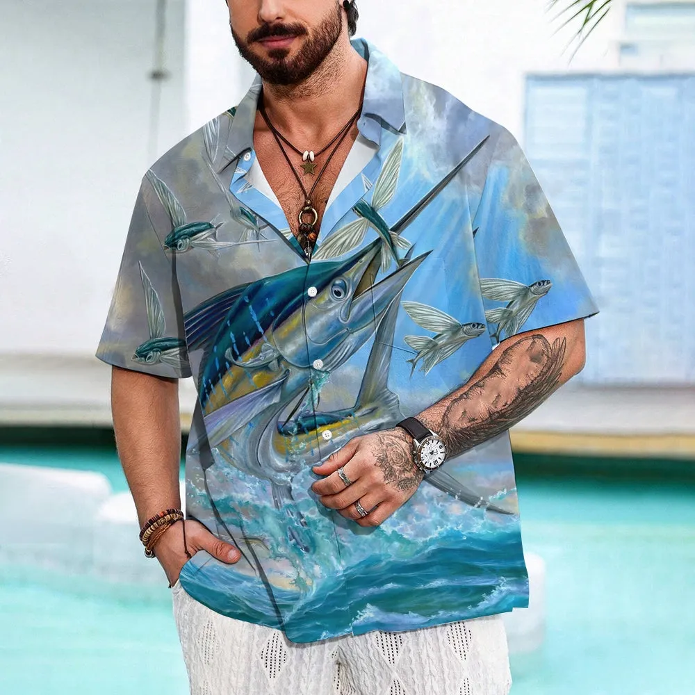 Men's Hawaiian Ocean Fish Print Short Sleeve Shirt 2401000136