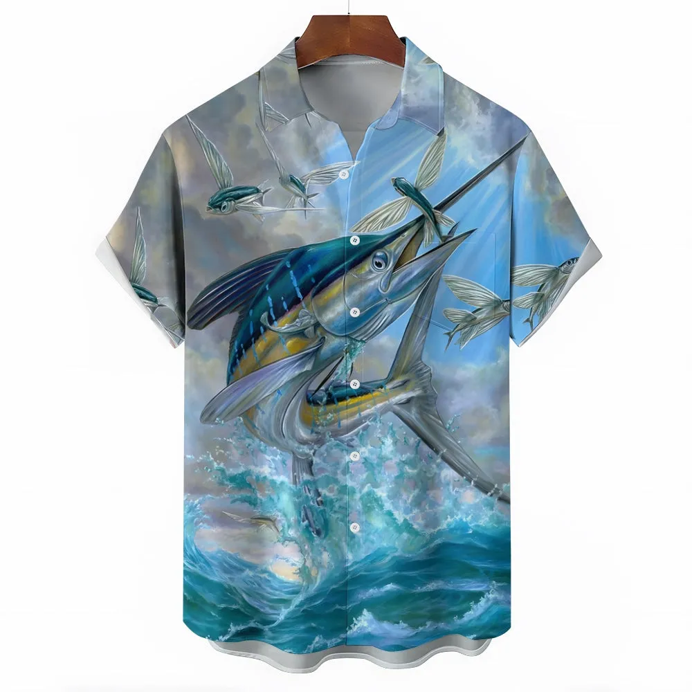 Men's Hawaiian Ocean Fish Print Short Sleeve Shirt 2401000136