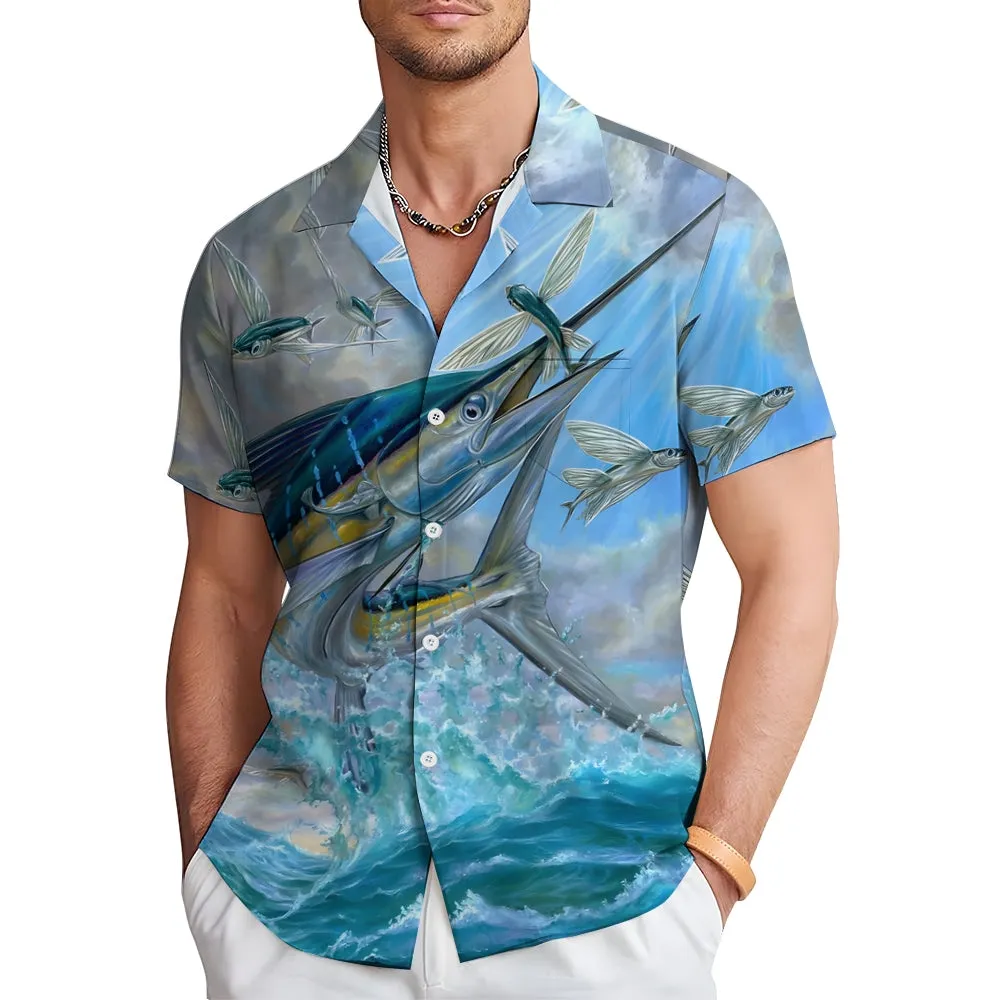 Men's Hawaiian Ocean Fish Print Short Sleeve Shirt 2401000136