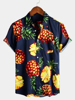 Men's Navy Blue Pineapple Tropical Holiday Cotton Pocket Shirt