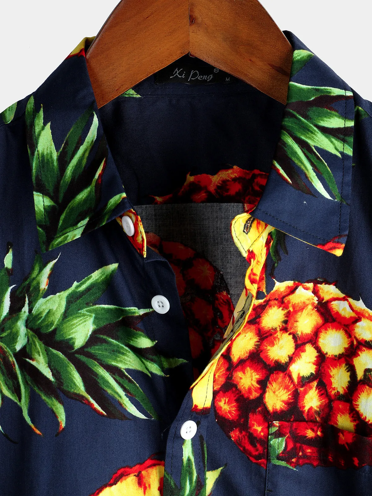 Men's Navy Blue Pineapple Tropical Holiday Cotton Pocket Shirt