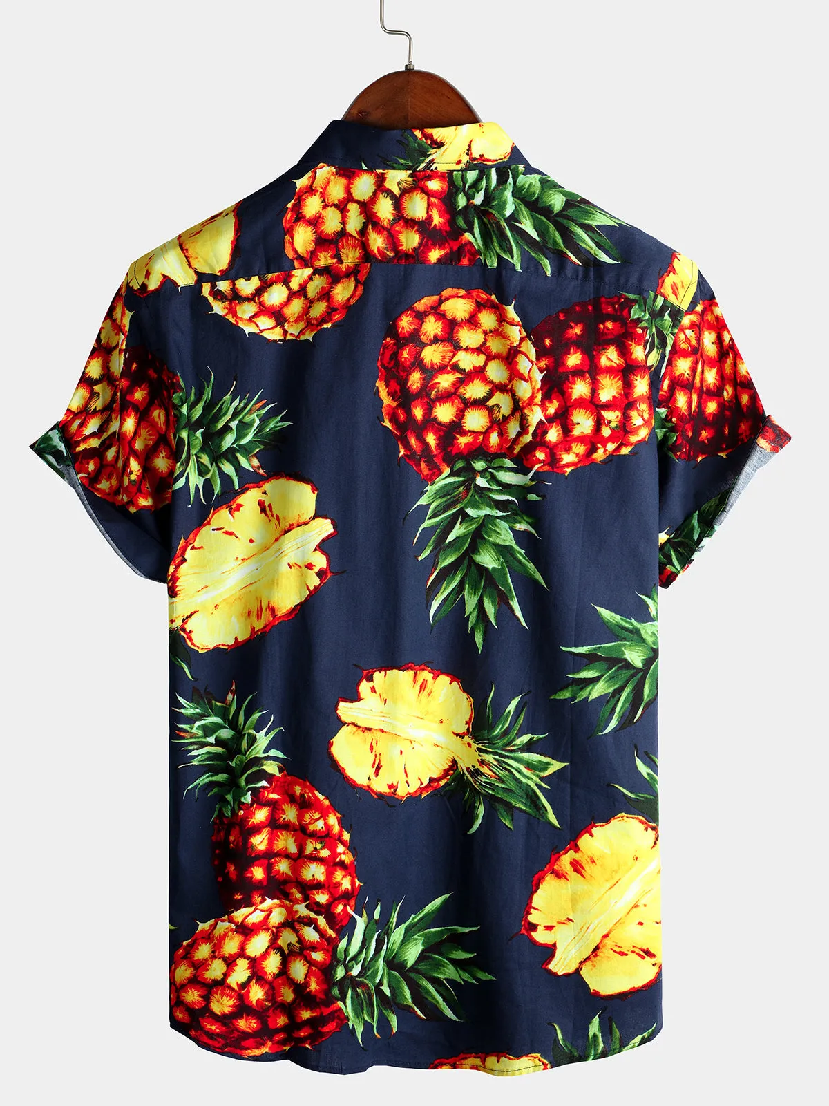 Men's Navy Blue Pineapple Tropical Holiday Cotton Pocket Shirt