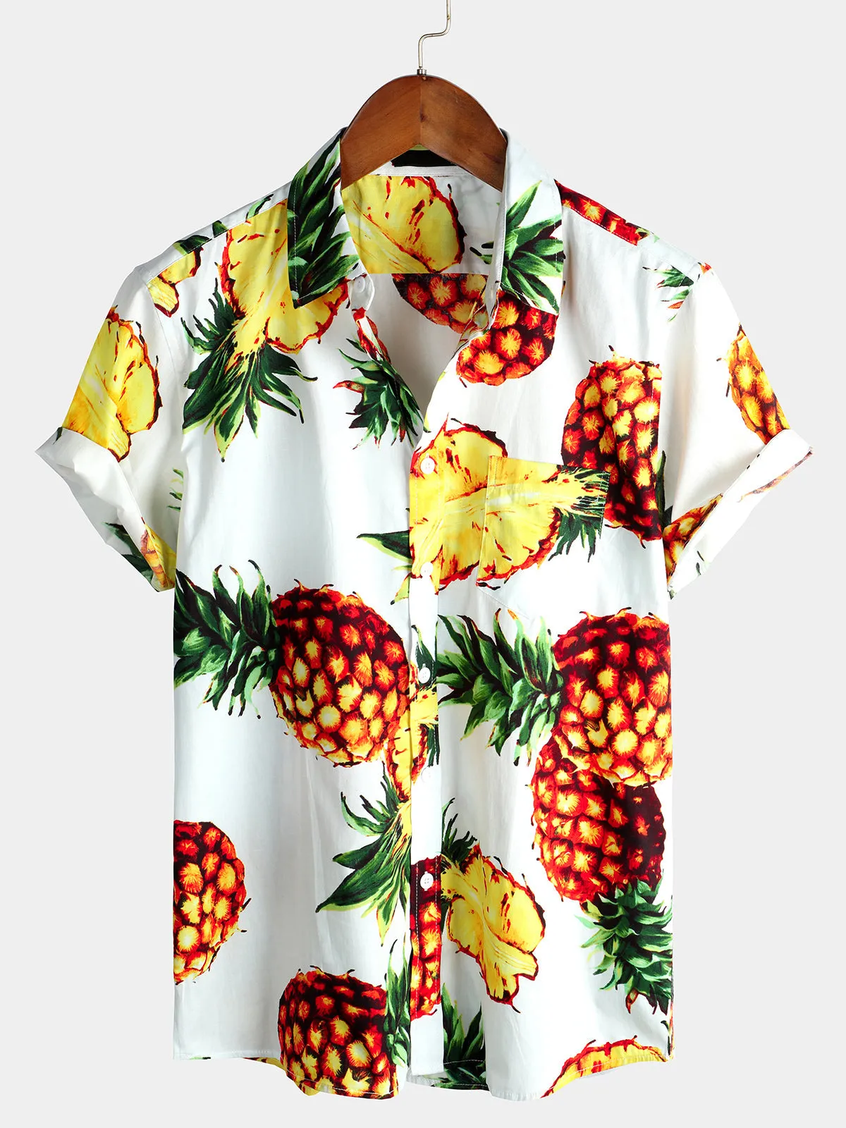 Men's Navy Blue Pineapple Tropical Holiday Cotton Pocket Shirt