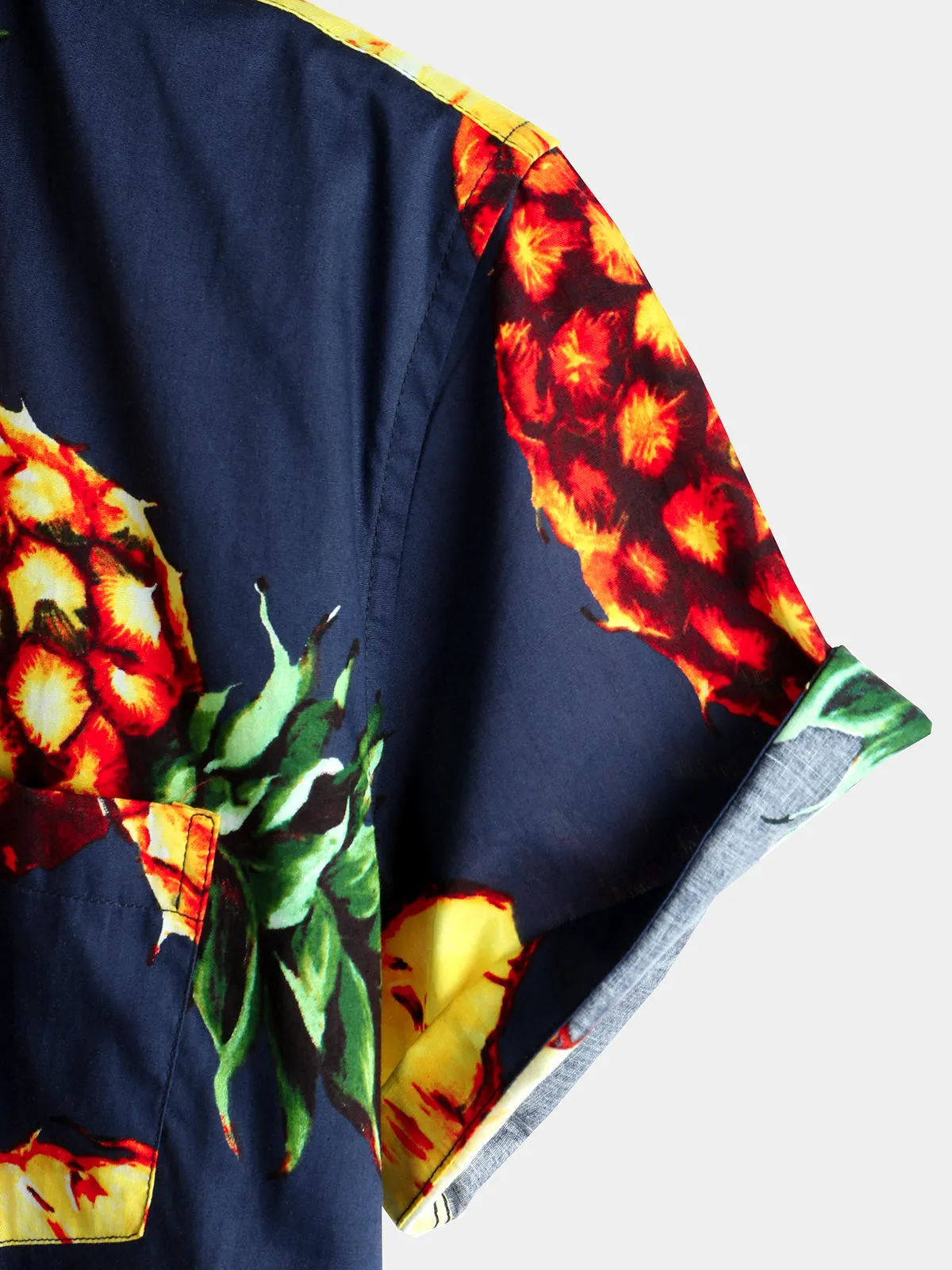 Men's Navy Blue Pineapple Tropical Holiday Cotton Pocket Shirt