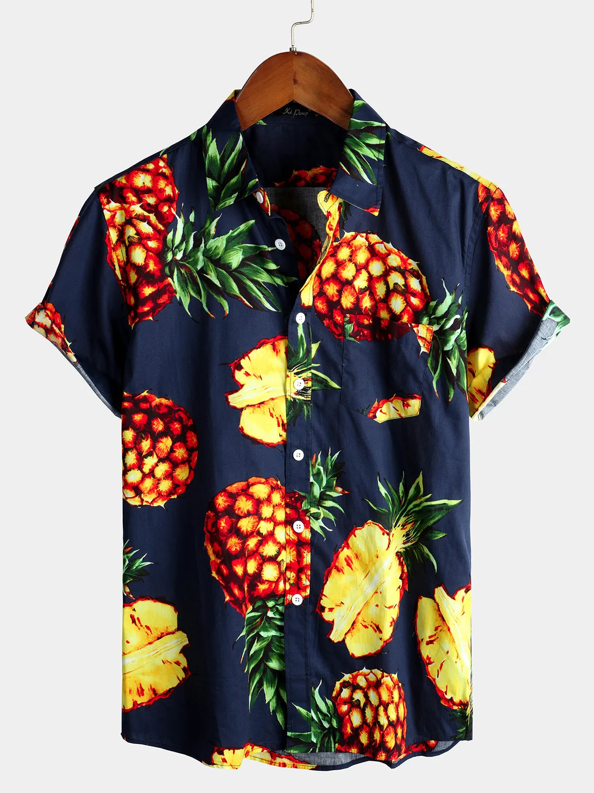 Men's Navy Blue Pineapple Tropical Holiday Cotton Pocket Shirt