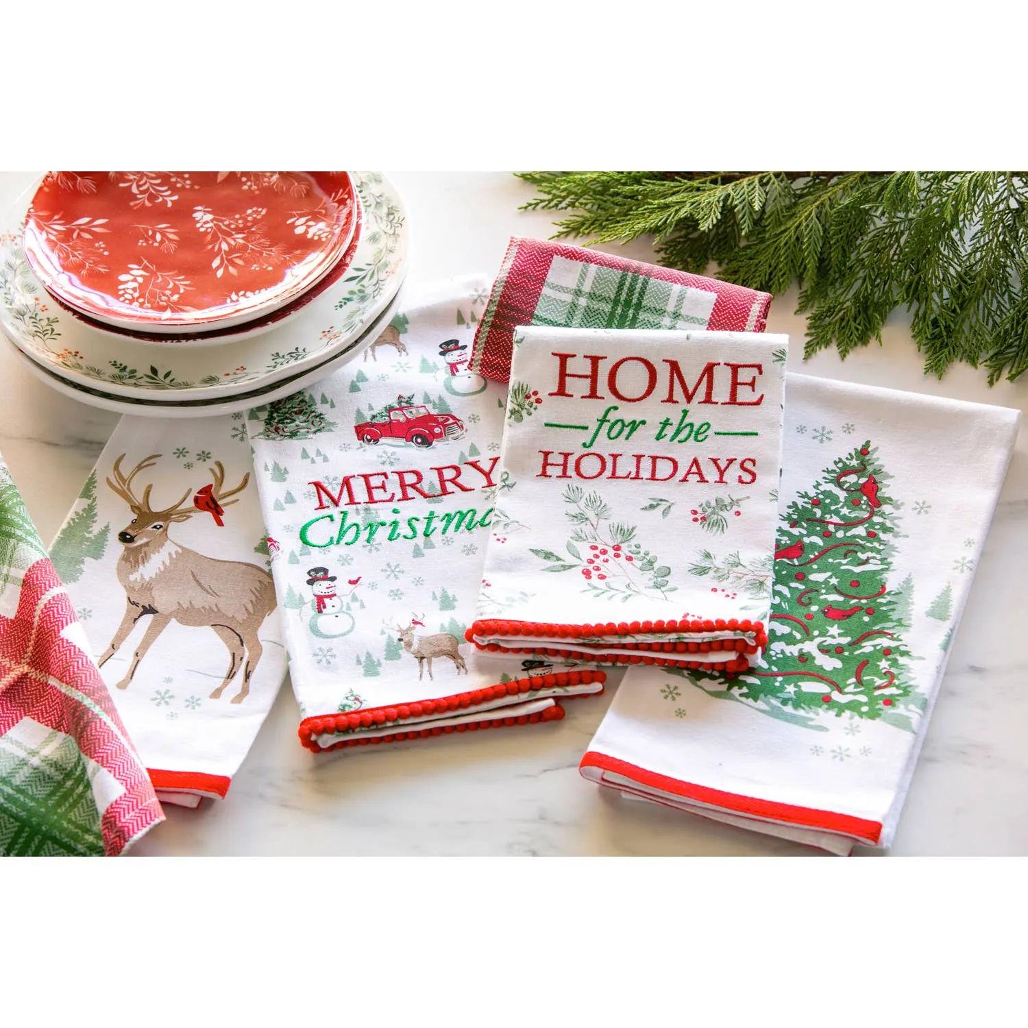 Merry Christmas and Plaid Tea Towel Christmas Heritage Set (2 Towels)