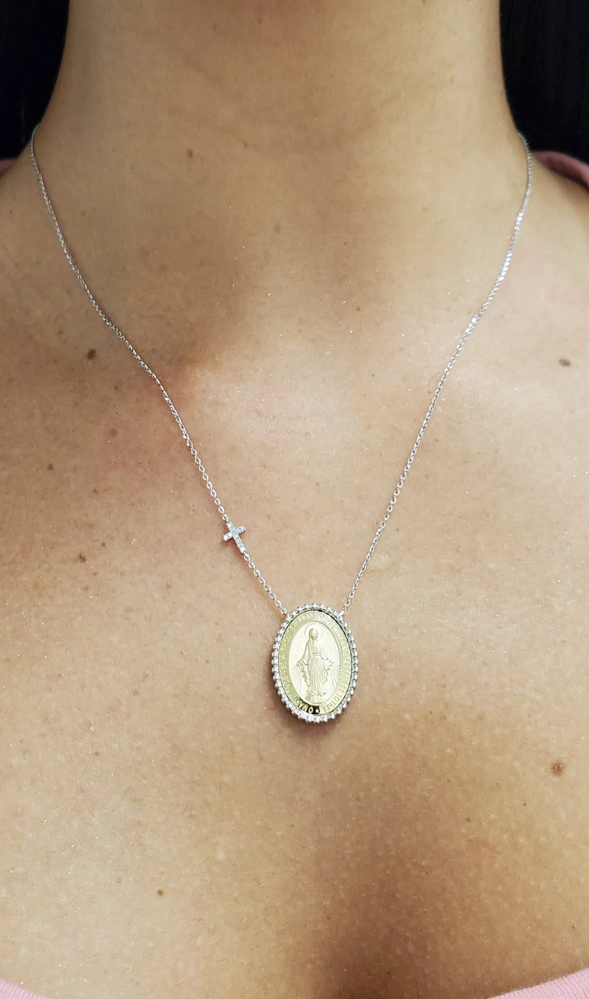 Miraculous Medal with Beaded Border and Diamond Cross