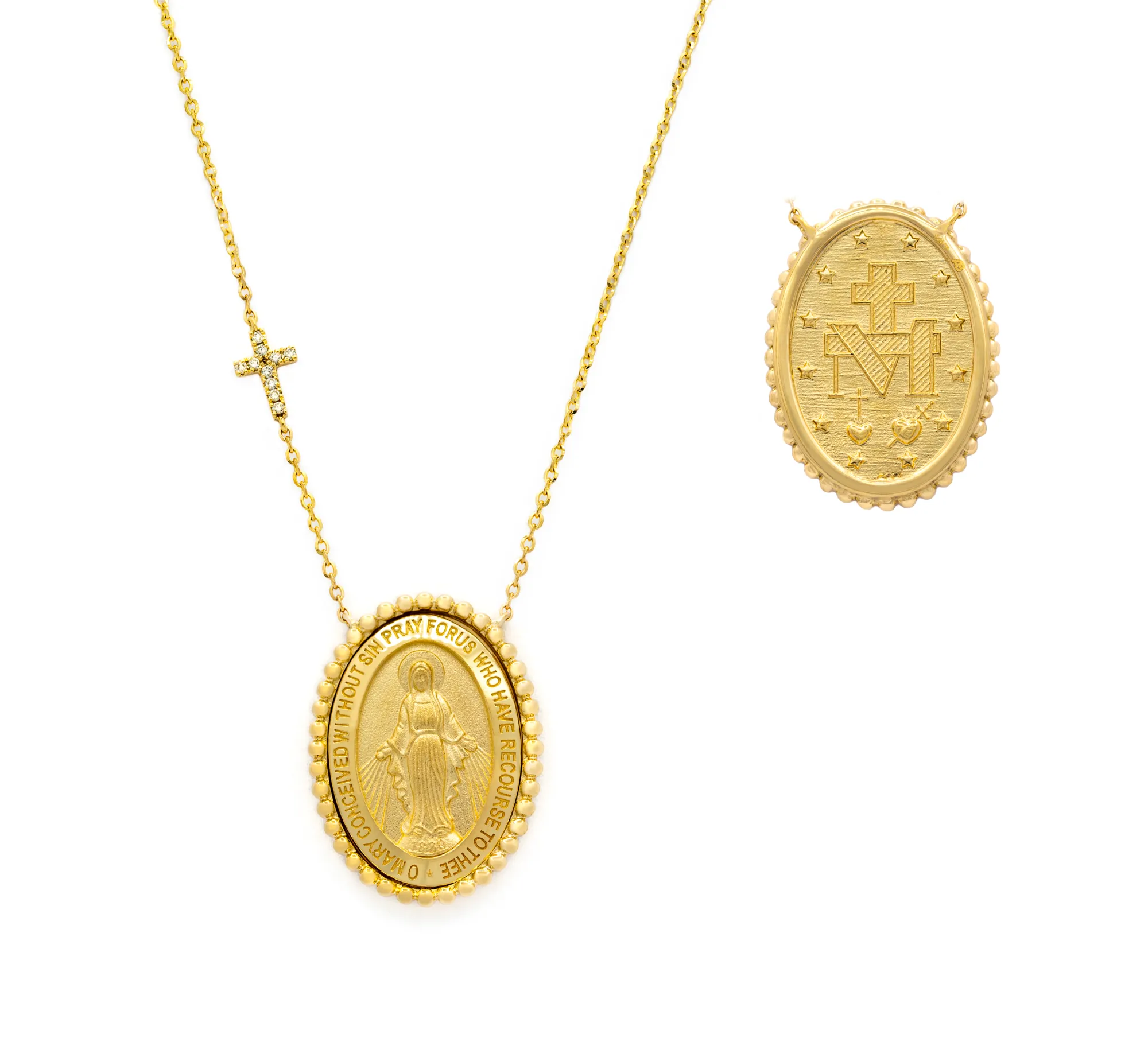 Miraculous Medal with Beaded Border and Diamond Cross
