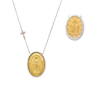 Miraculous Medal with Beaded Border and Diamond Cross