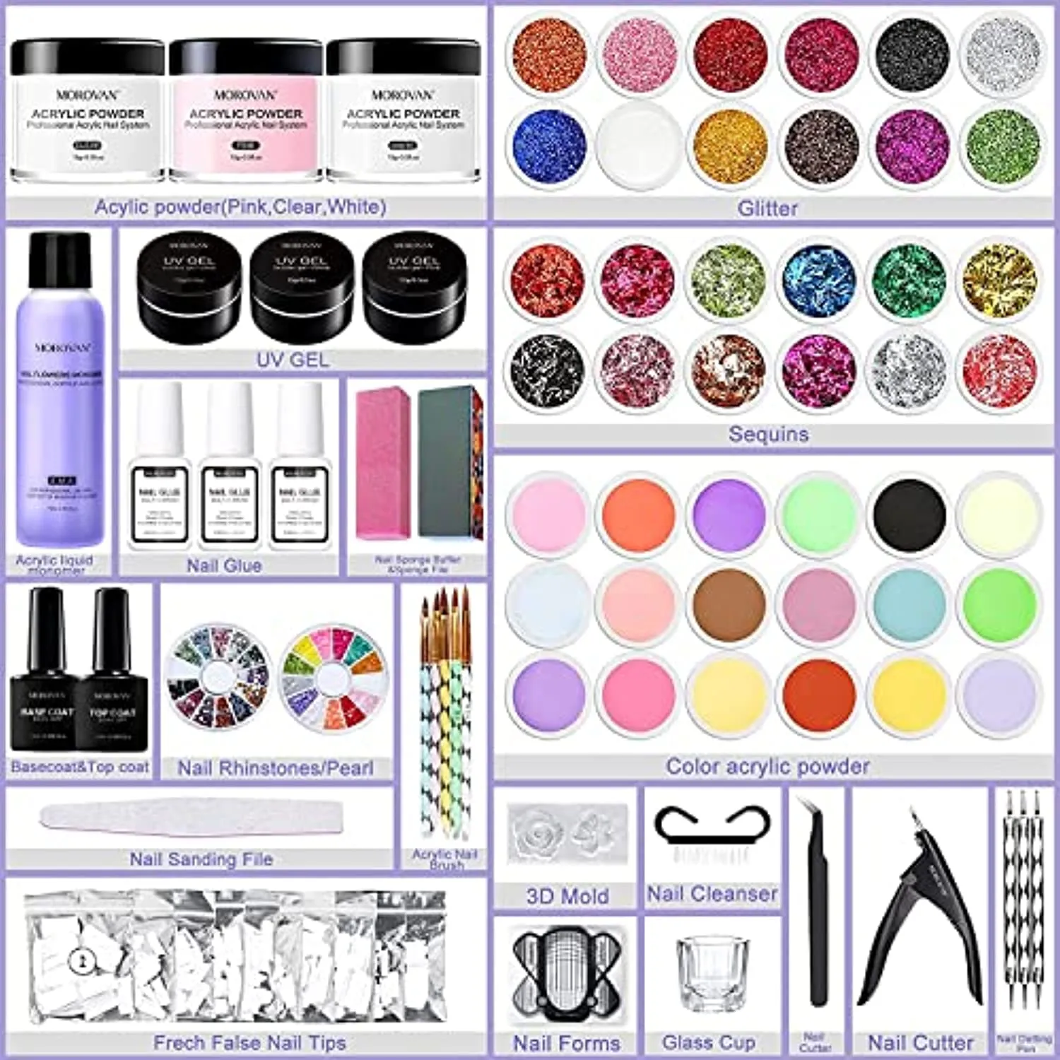 Morovan Acrylic Nail Kit - Acrylic Powder Monomer Liquid Set with Glitter Powders Acrylic Nail Brush Nail Tips Acrylic Nail Supplies for Acrylic Nails Extension Starter Kit