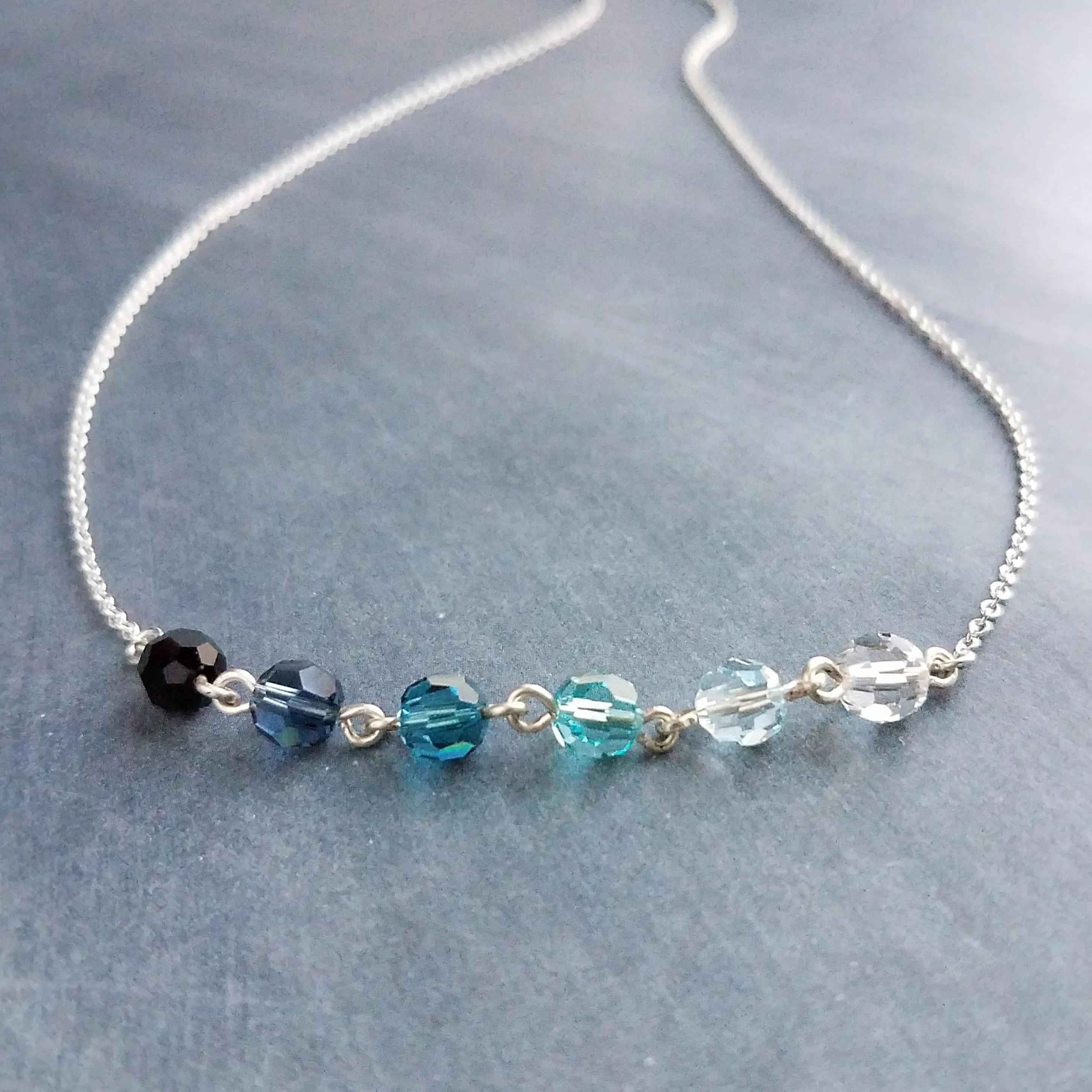 Ocean Necklace - blue Swarovski crystal round faceted ombre shade beads - delicate silver chain - custom w/  length & .925 sterling silver