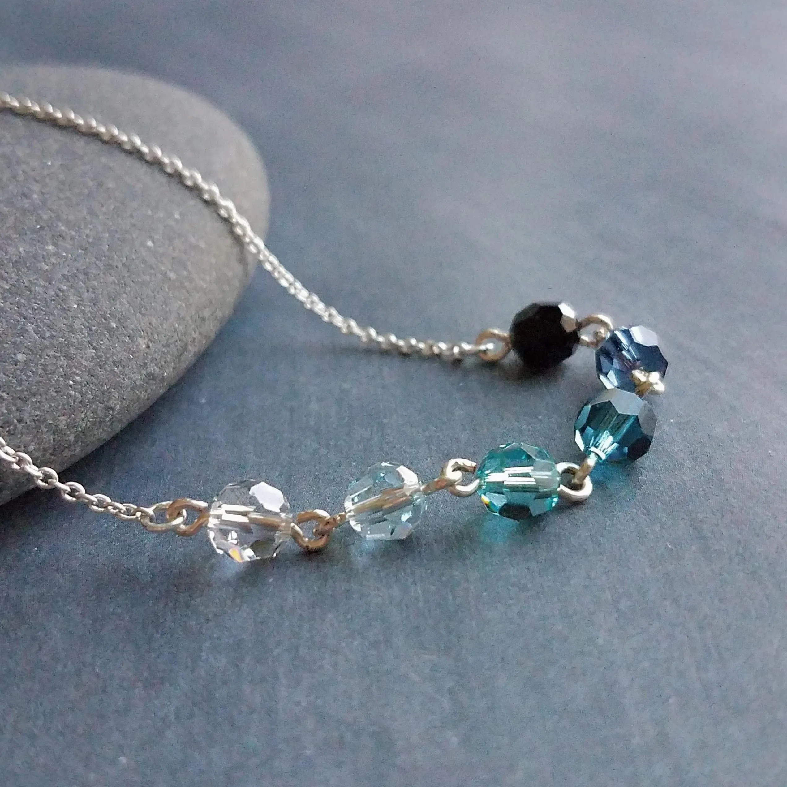 Ocean Necklace - blue Swarovski crystal round faceted ombre shade beads - delicate silver chain - custom w/  length & .925 sterling silver