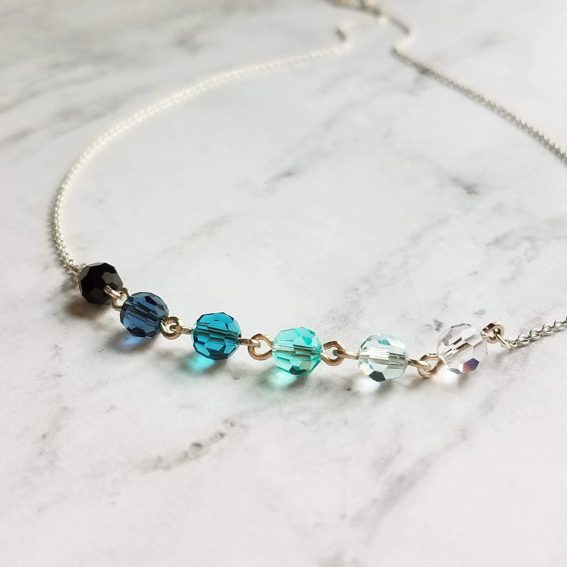 Ocean Necklace - blue Swarovski crystal round faceted ombre shade beads - delicate silver chain - custom w/  length & .925 sterling silver
