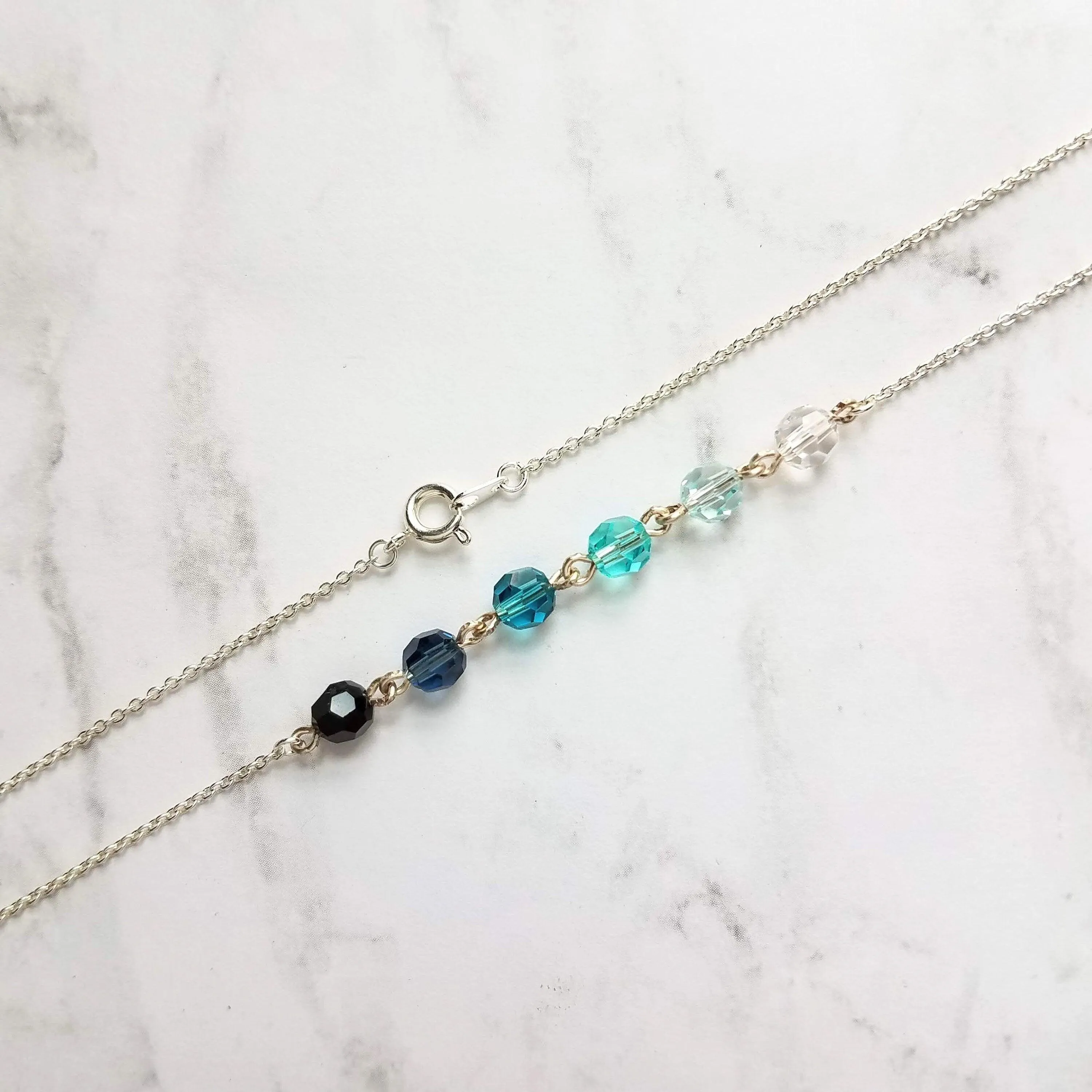 Ocean Necklace - blue Swarovski crystal round faceted ombre shade beads - delicate silver chain - custom w/  length & .925 sterling silver