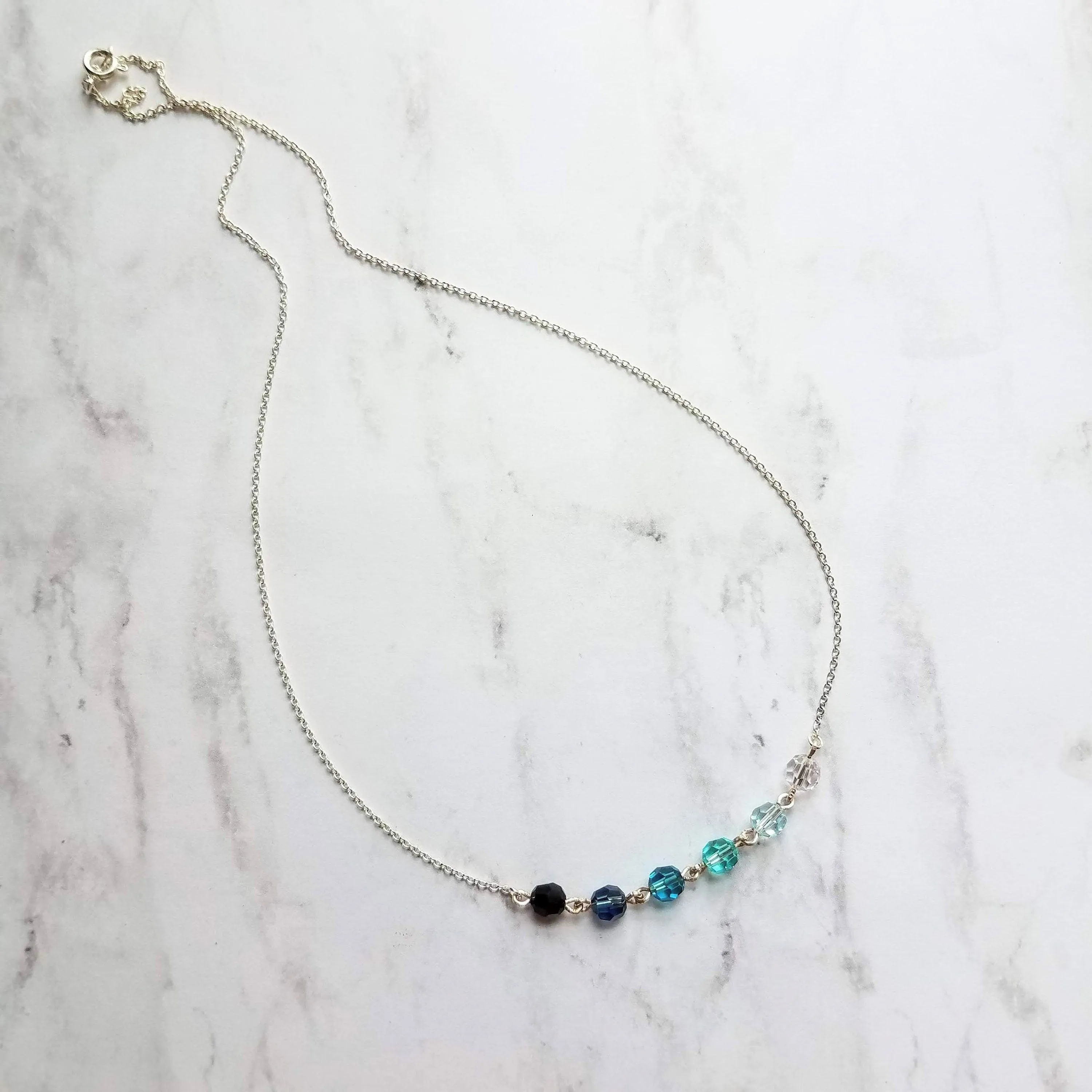 Ocean Necklace - blue Swarovski crystal round faceted ombre shade beads - delicate silver chain - custom w/  length & .925 sterling silver