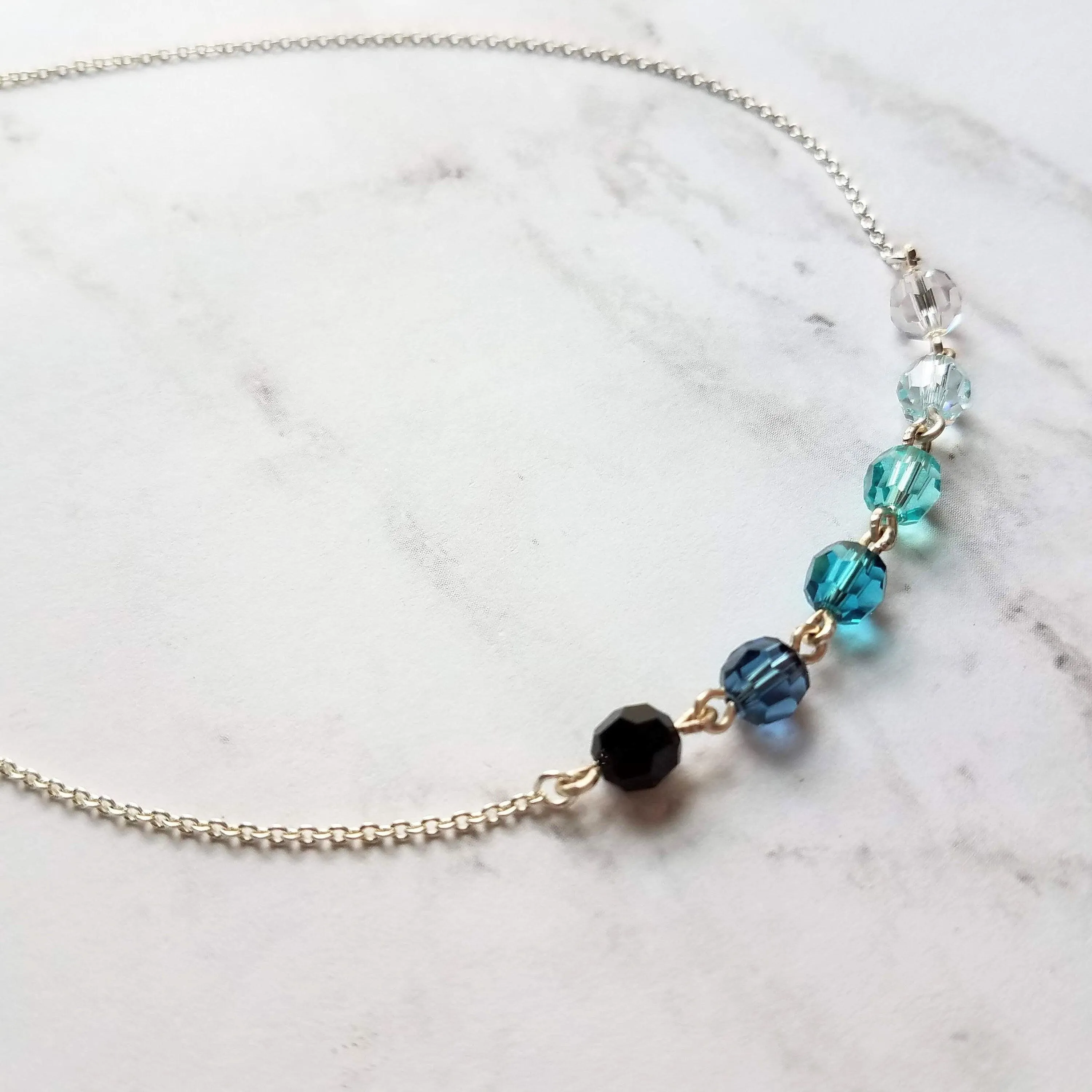 Ocean Necklace - blue Swarovski crystal round faceted ombre shade beads - delicate silver chain - custom w/  length & .925 sterling silver