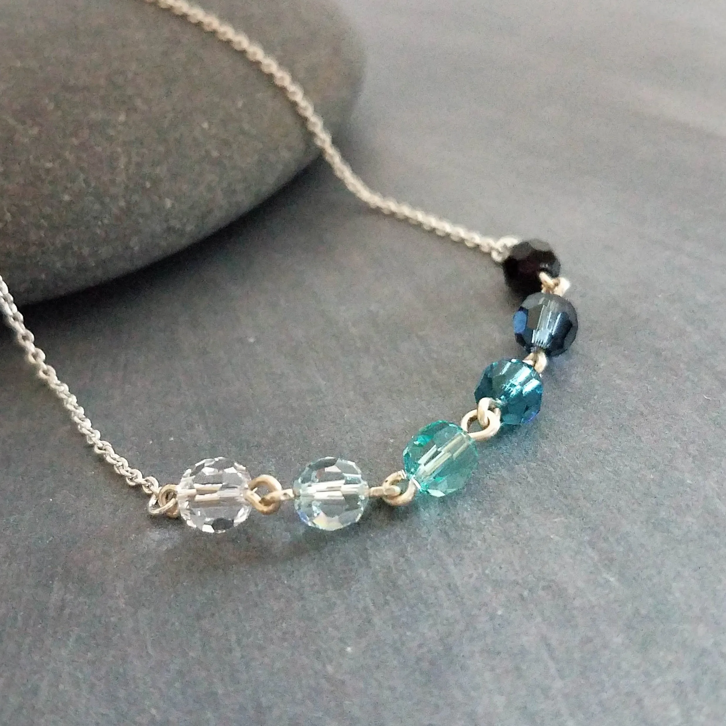 Ocean Necklace - blue Swarovski crystal round faceted ombre shade beads - delicate silver chain - custom w/  length & .925 sterling silver