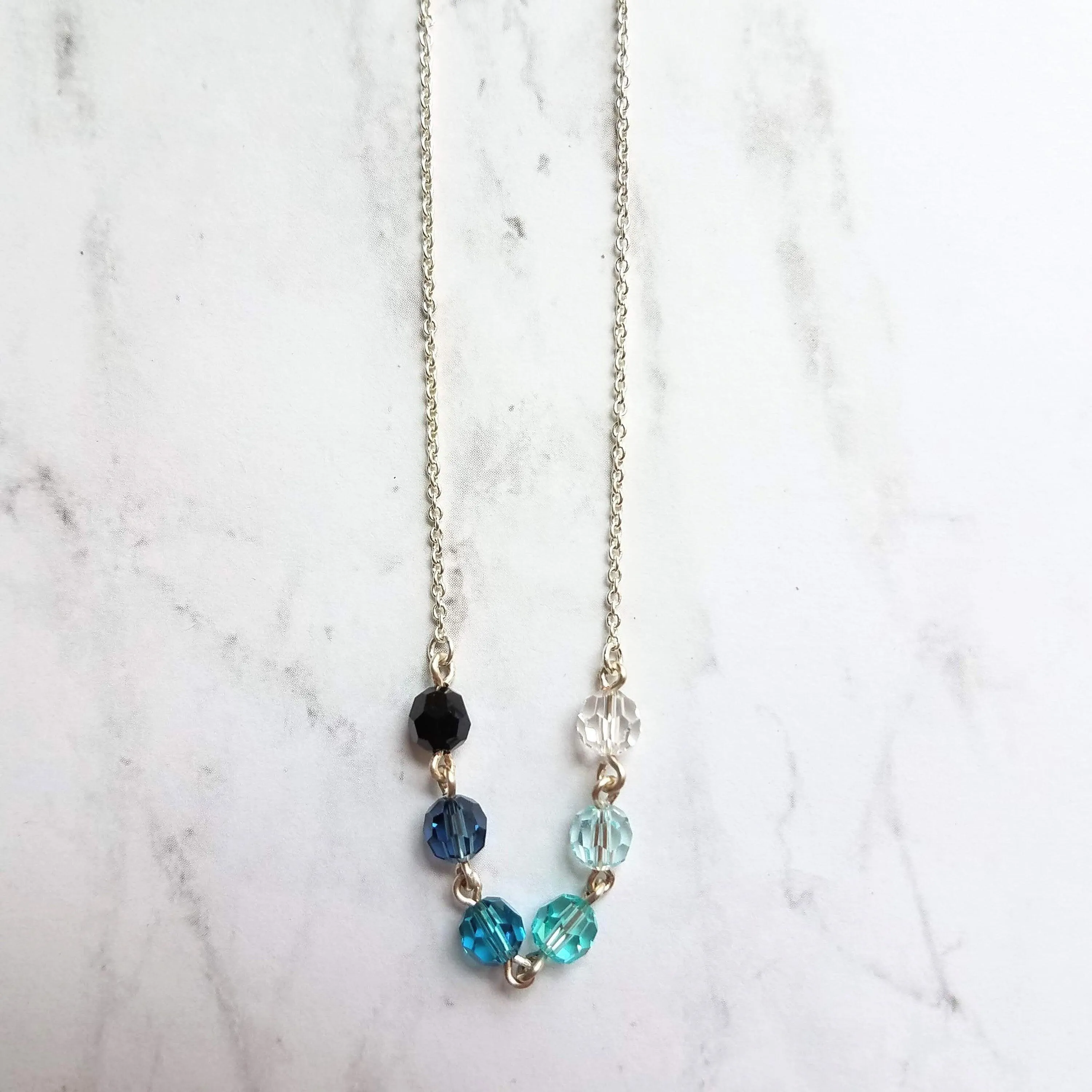 Ocean Necklace - blue Swarovski crystal round faceted ombre shade beads - delicate silver chain - custom w/  length & .925 sterling silver