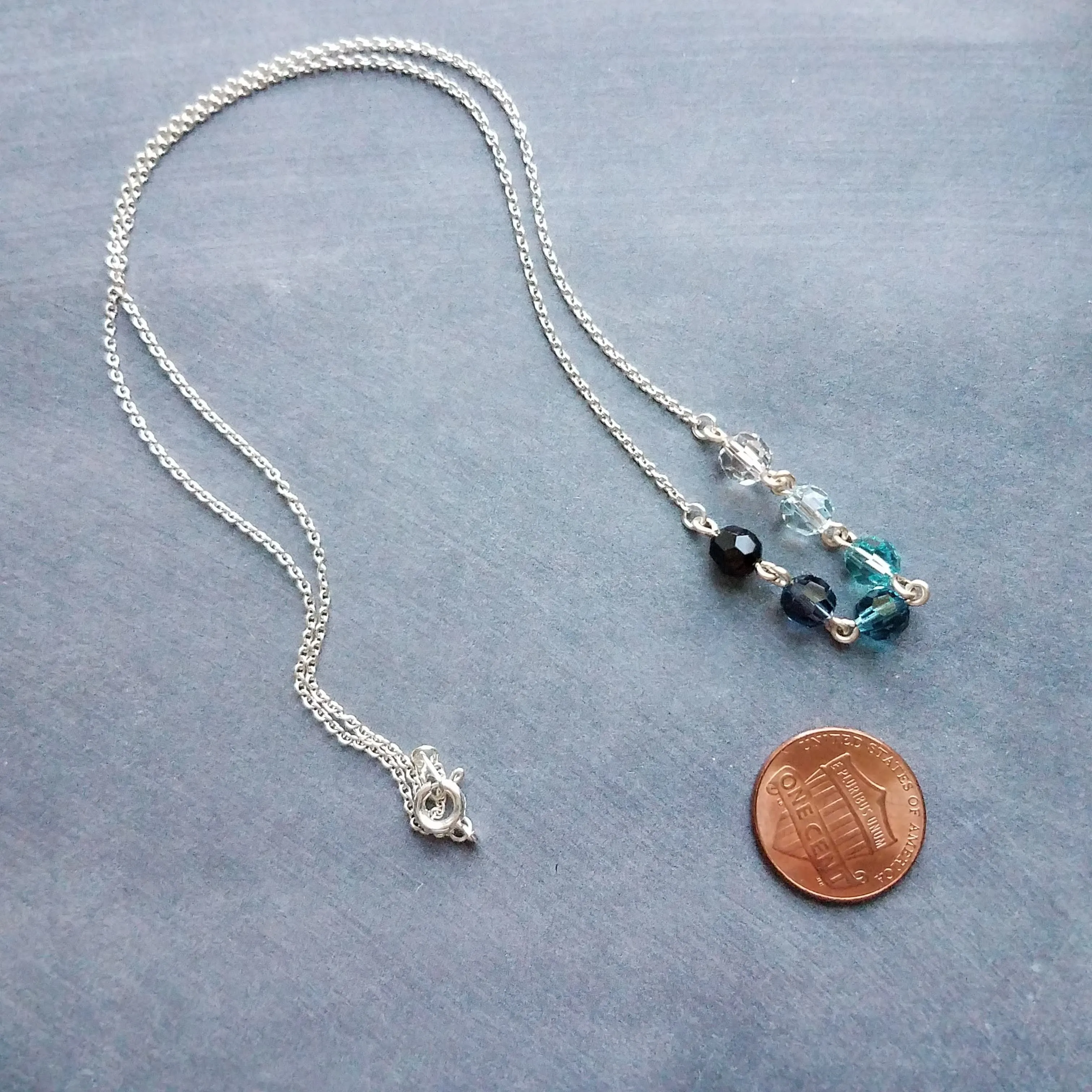 Ocean Necklace - blue Swarovski crystal round faceted ombre shade beads - delicate silver chain - custom w/  length & .925 sterling silver