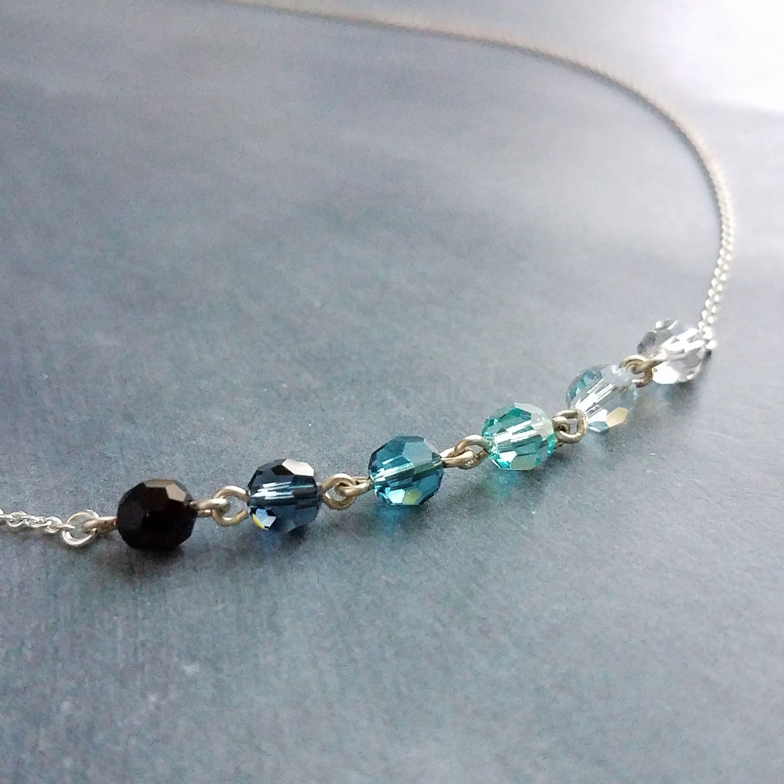 Ocean Necklace - blue Swarovski crystal round faceted ombre shade beads - delicate silver chain - custom w/  length & .925 sterling silver