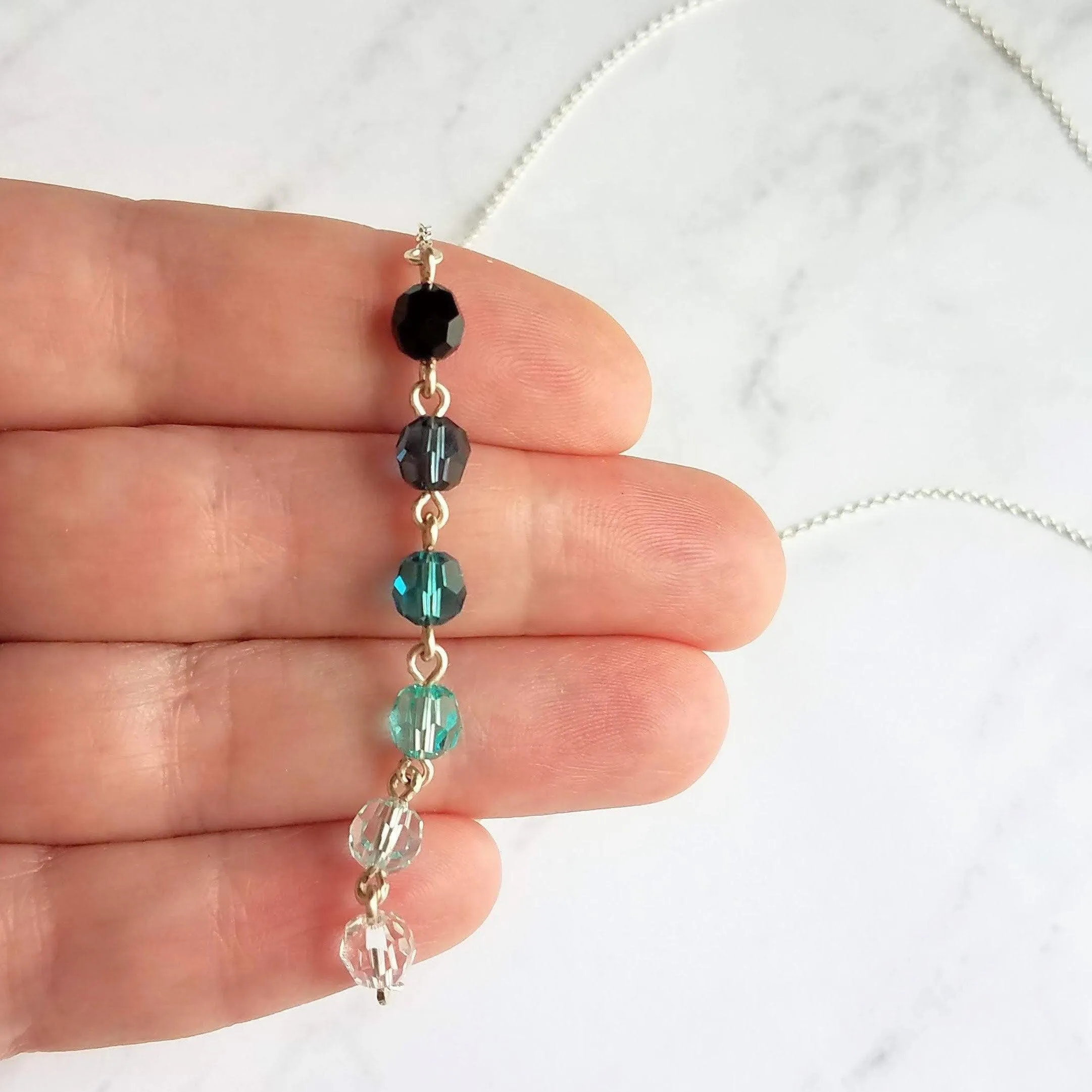 Ocean Necklace - blue Swarovski crystal round faceted ombre shade beads - delicate silver chain - custom w/  length & .925 sterling silver