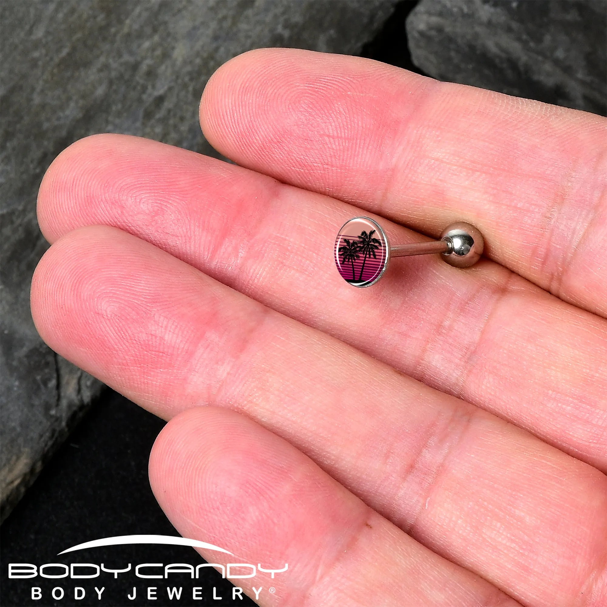 Palm Tree Retro Sunset Barbell Tongue Ring