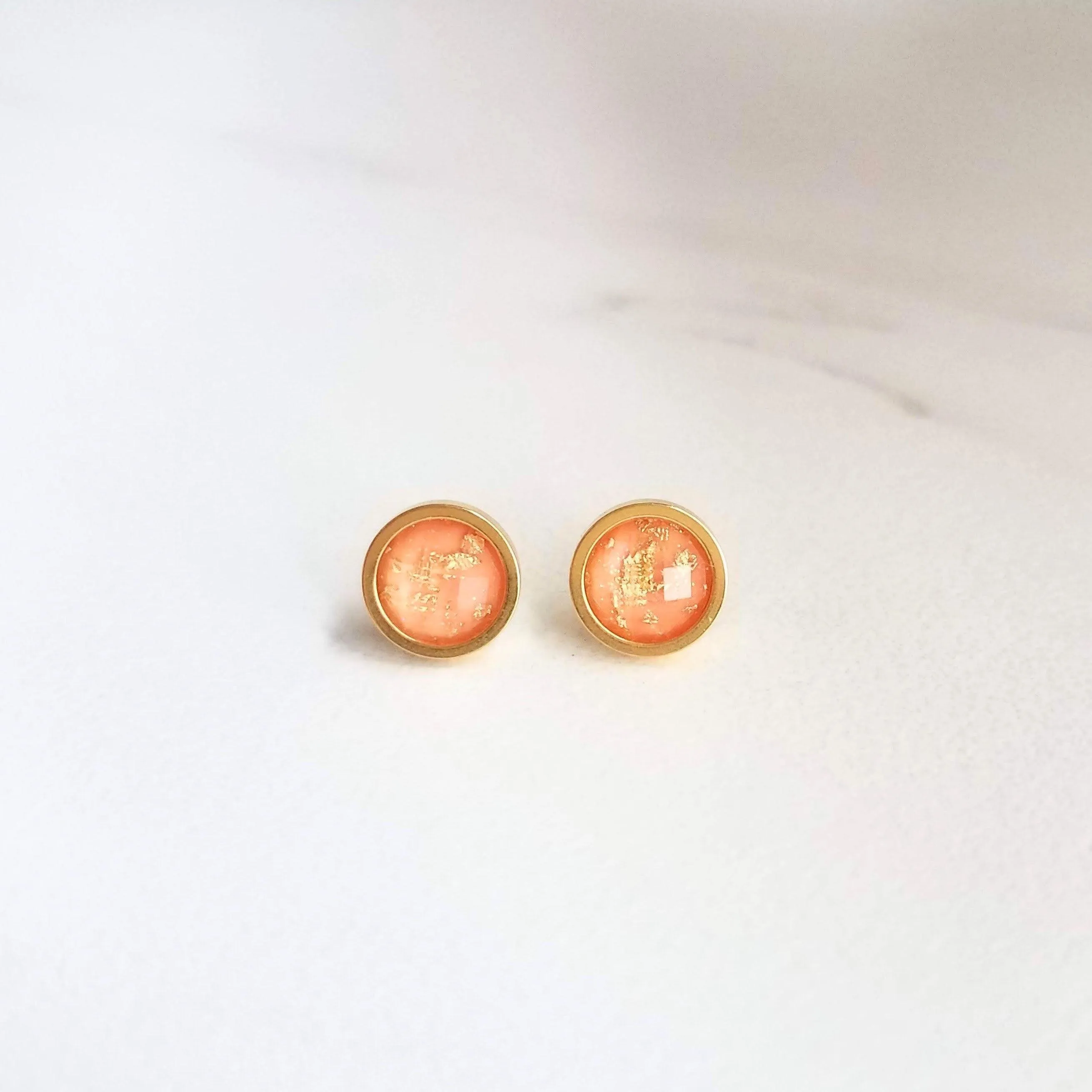 Peach Earrings, small pink peach studs, gold leaf earring, small round stud, little peach, gold foil earrings suspended gold earrings, facet
