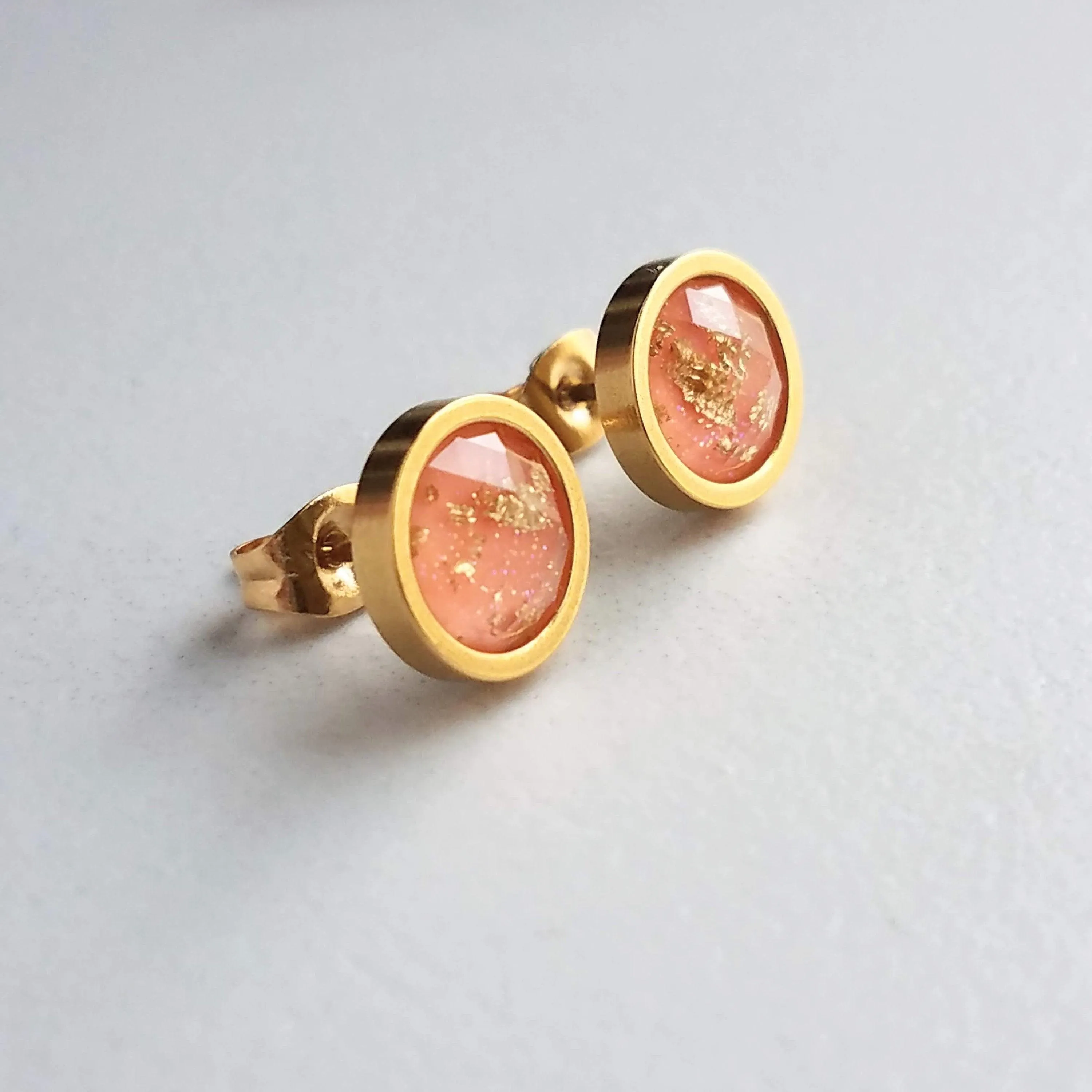 Peach Earrings, small pink peach studs, gold leaf earring, small round stud, little peach, gold foil earrings suspended gold earrings, facet
