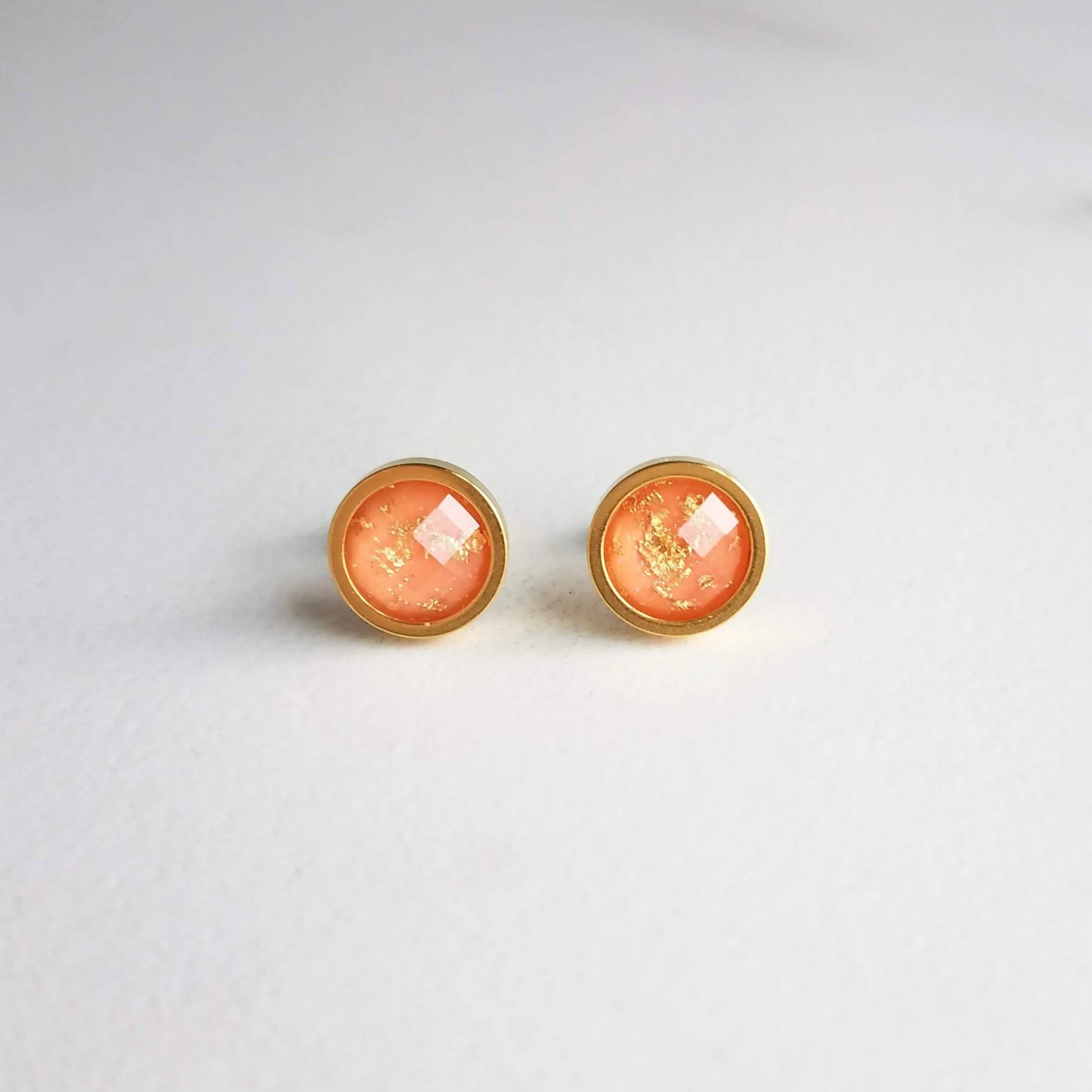 Peach Earrings, small pink peach studs, gold leaf earring, small round stud, little peach, gold foil earrings suspended gold earrings, facet