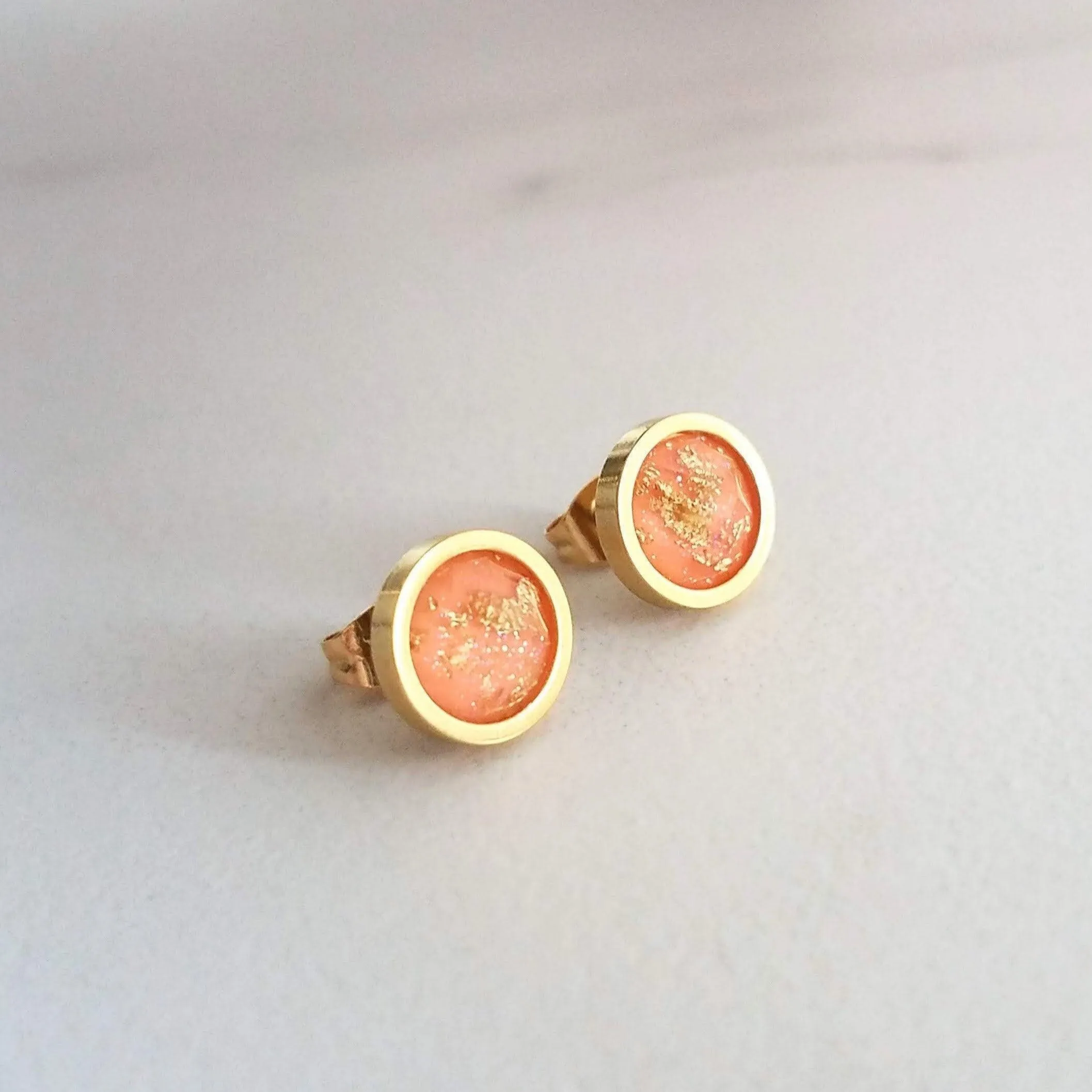 Peach Earrings, small pink peach studs, gold leaf earring, small round stud, little peach, gold foil earrings suspended gold earrings, facet