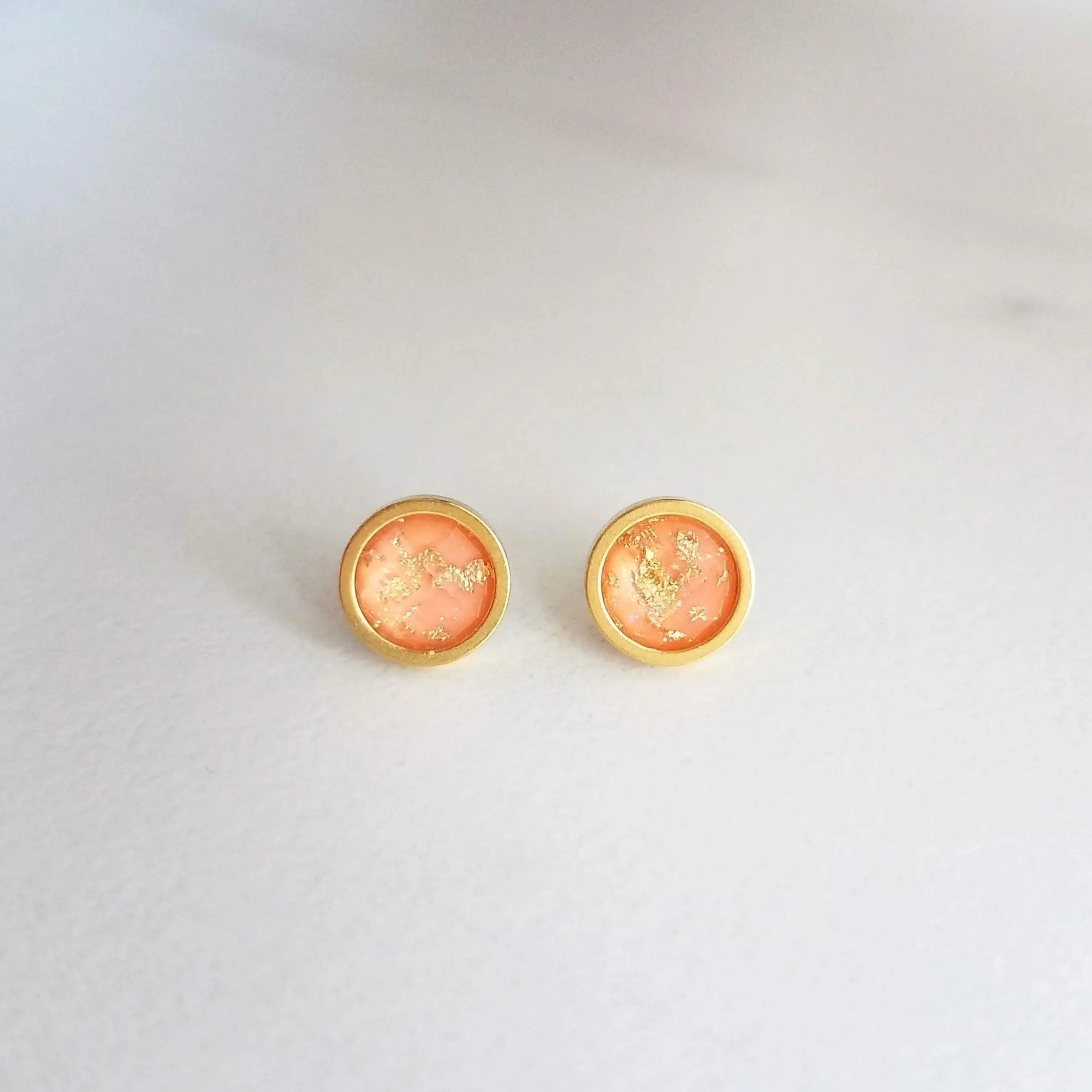 Peach Earrings, small pink peach studs, gold leaf earring, small round stud, little peach, gold foil earrings suspended gold earrings, facet