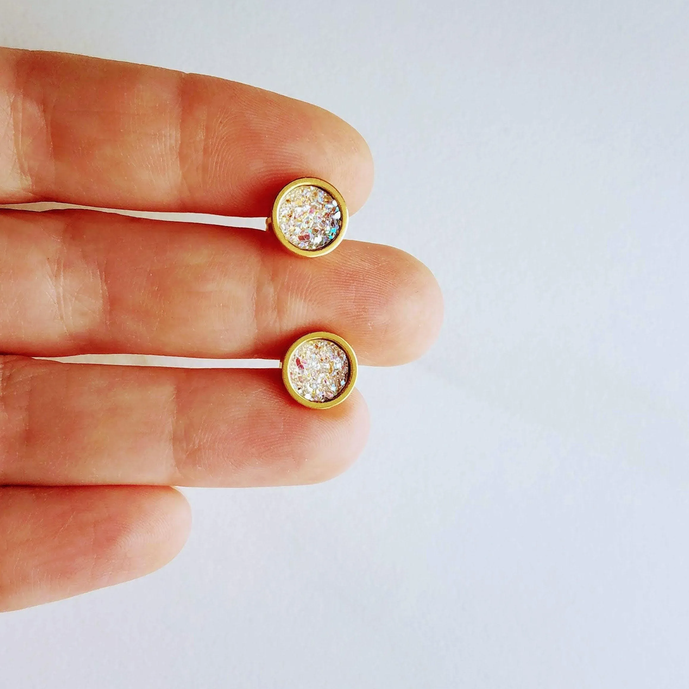Peach Earrings, small pink peach studs, gold leaf earring, small round stud, little peach, gold foil earrings suspended gold earrings, facet