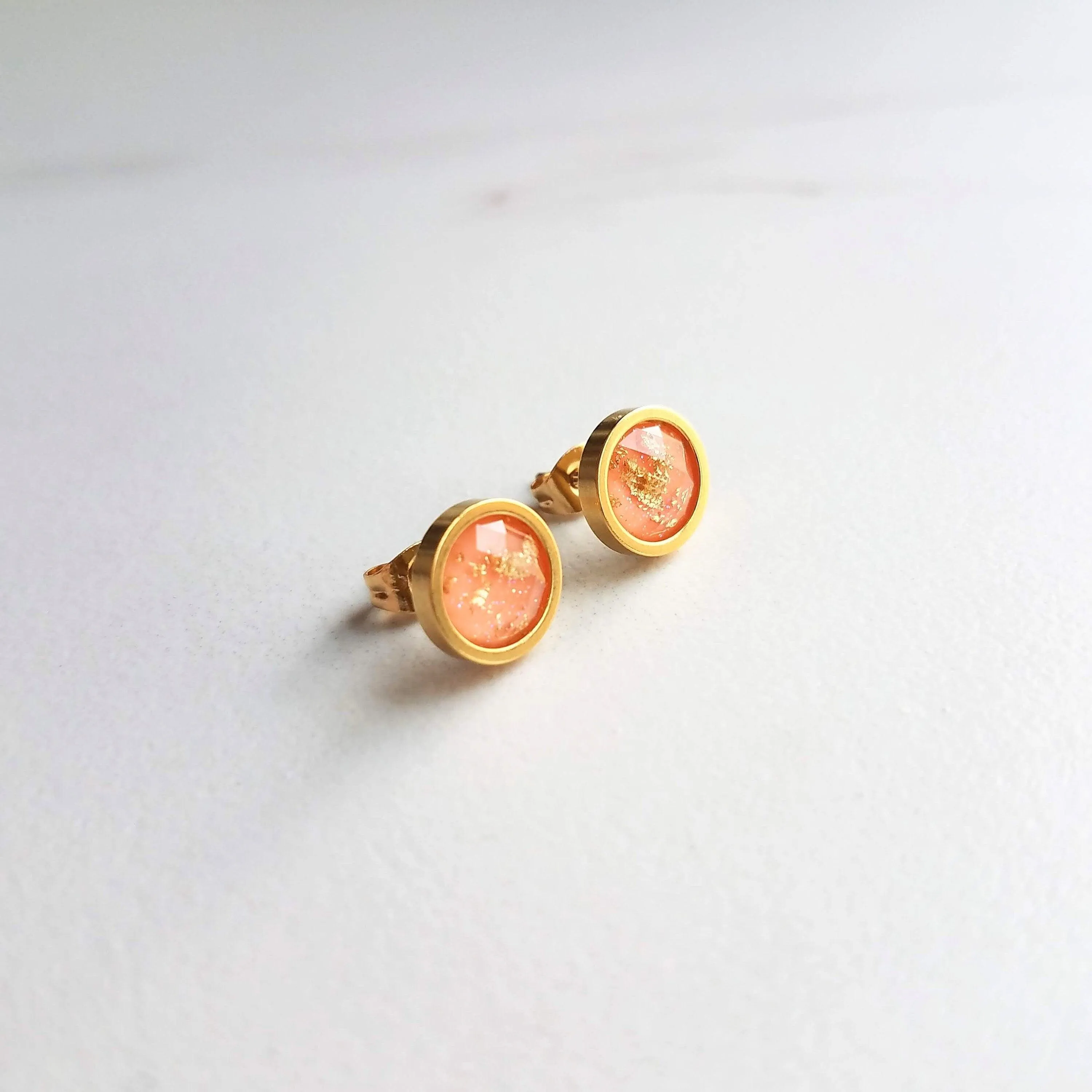 Peach Earrings, small pink peach studs, gold leaf earring, small round stud, little peach, gold foil earrings suspended gold earrings, facet