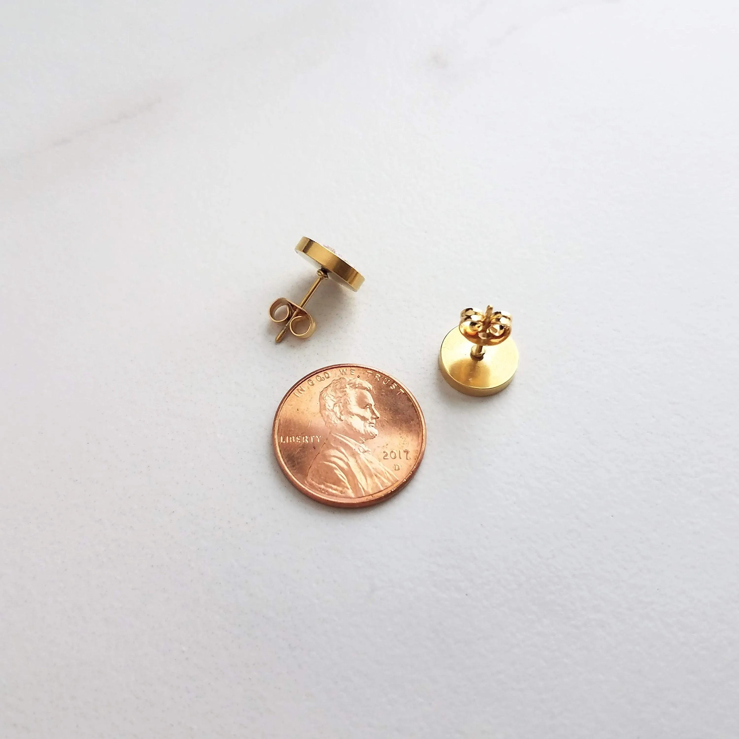 Peach Earrings, small pink peach studs, gold leaf earring, small round stud, little peach, gold foil earrings suspended gold earrings, facet