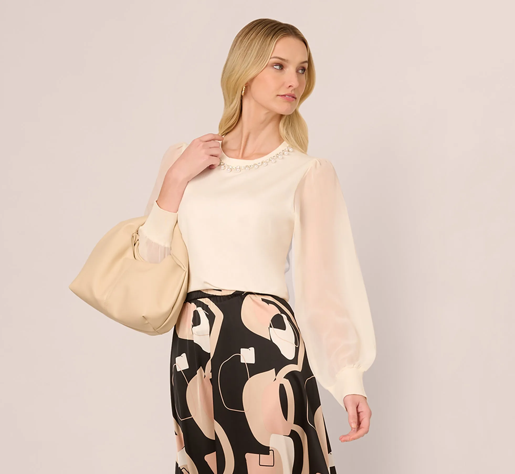 Pearl Trim Chiffon Sleeves Pullover Sweater In Winter White