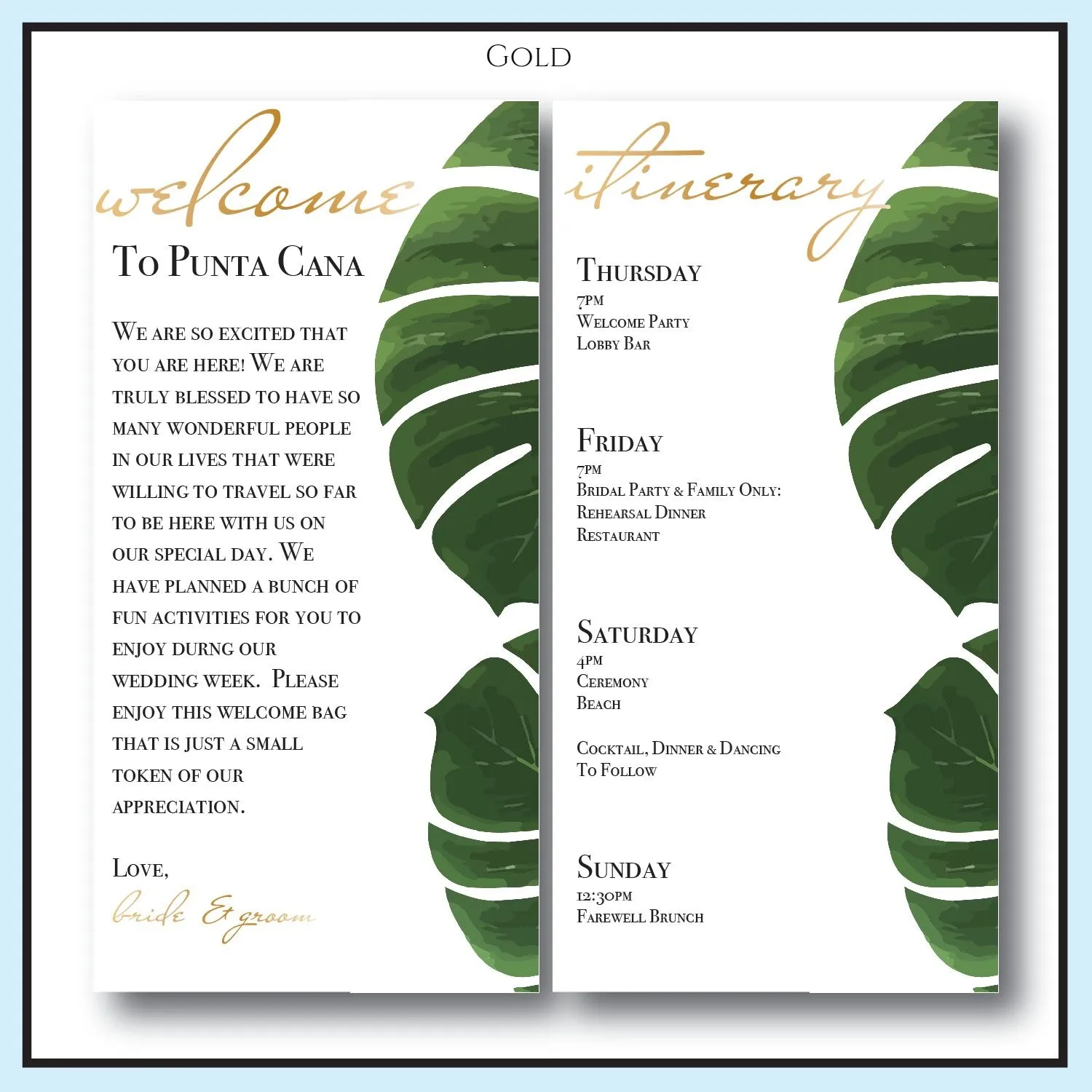 Personalized Wedding Welcome Letter & Itinerary - Palm